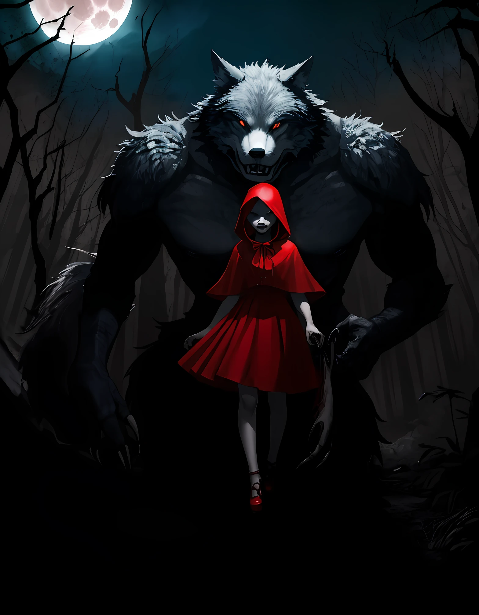 cinematic scene from 2023, little red riding hood walks through the creepy eerie forest, the monster-like anthropomorphic wolf with fangs and claws waiting for her,full moon, captured by Canon EOS 5D Mark IV, german expressionism, dramatic lighting, strong contrasts, distorted perspectives, angular shapes, extreme close-up, haunting, horror, psychological thriller, color fill-in