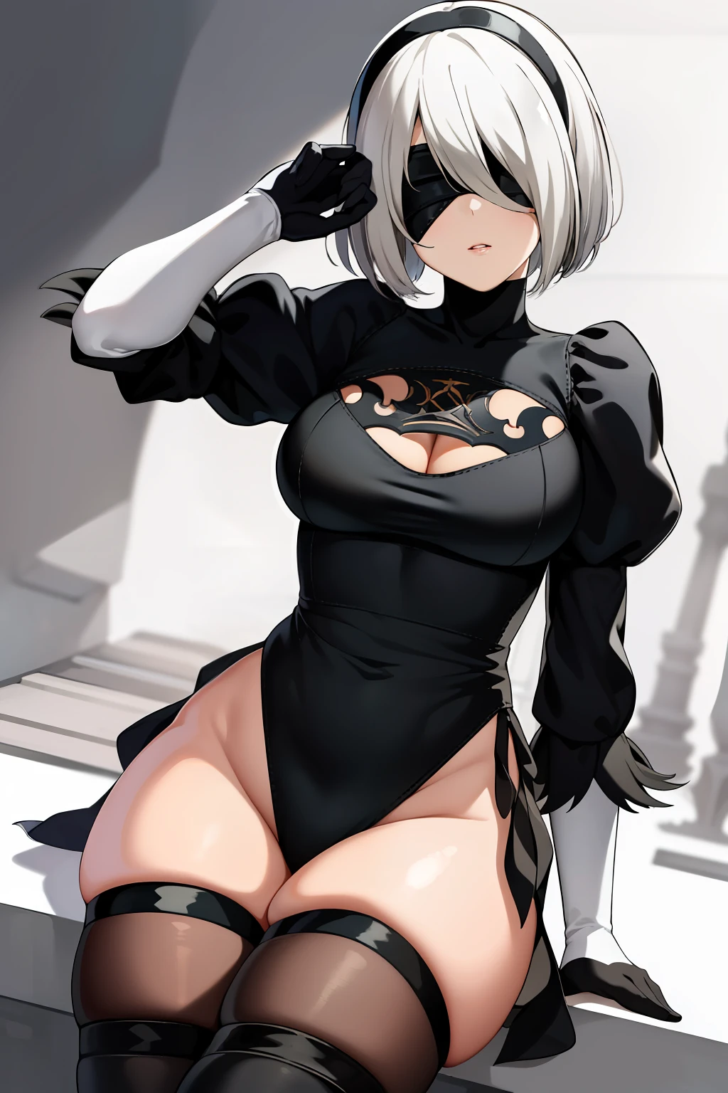 masterpiece, best_quality, 1girl, solo, yorha no. 2 type b, black blindfold, blindfold, wide hips, thick thighs,