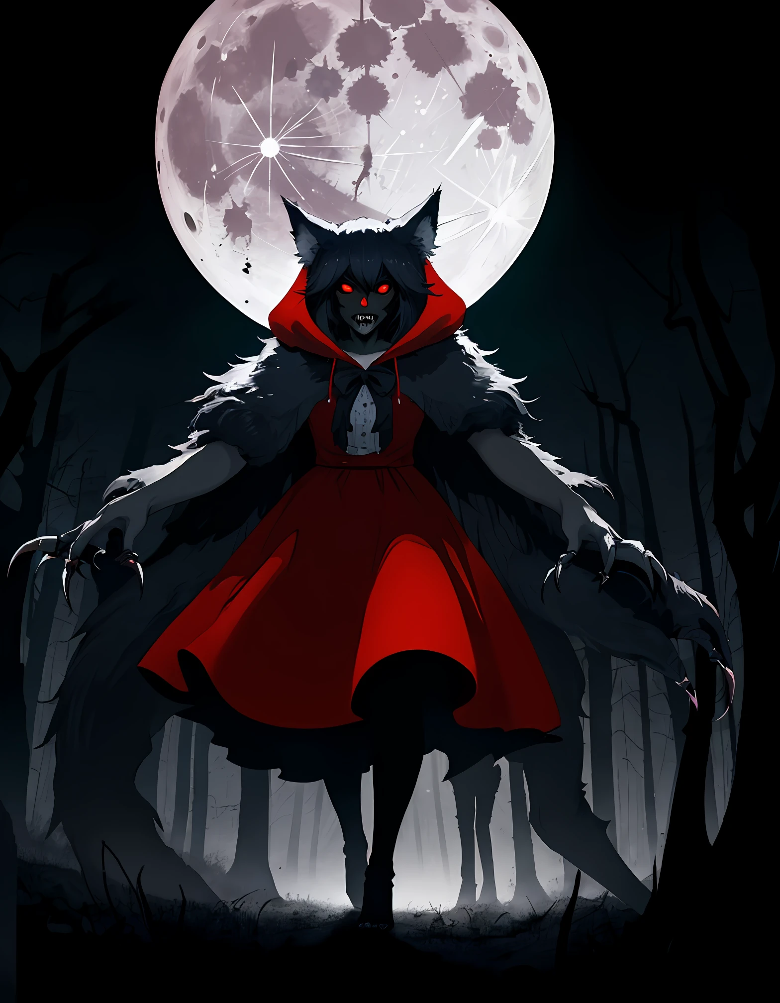 cinematic scene from 2023, little red riding hood walks through the creepy eerie forest, the monster-like anthropomorphic wolf with fangs and claws waiting for her,full moon, captured by Canon EOS 5D Mark IV, german expressionism, dramatic lighting, strong contrasts, distorted perspectives, angular shapes, extreme close-up, haunting, horror, psychological thriller, color fill-in