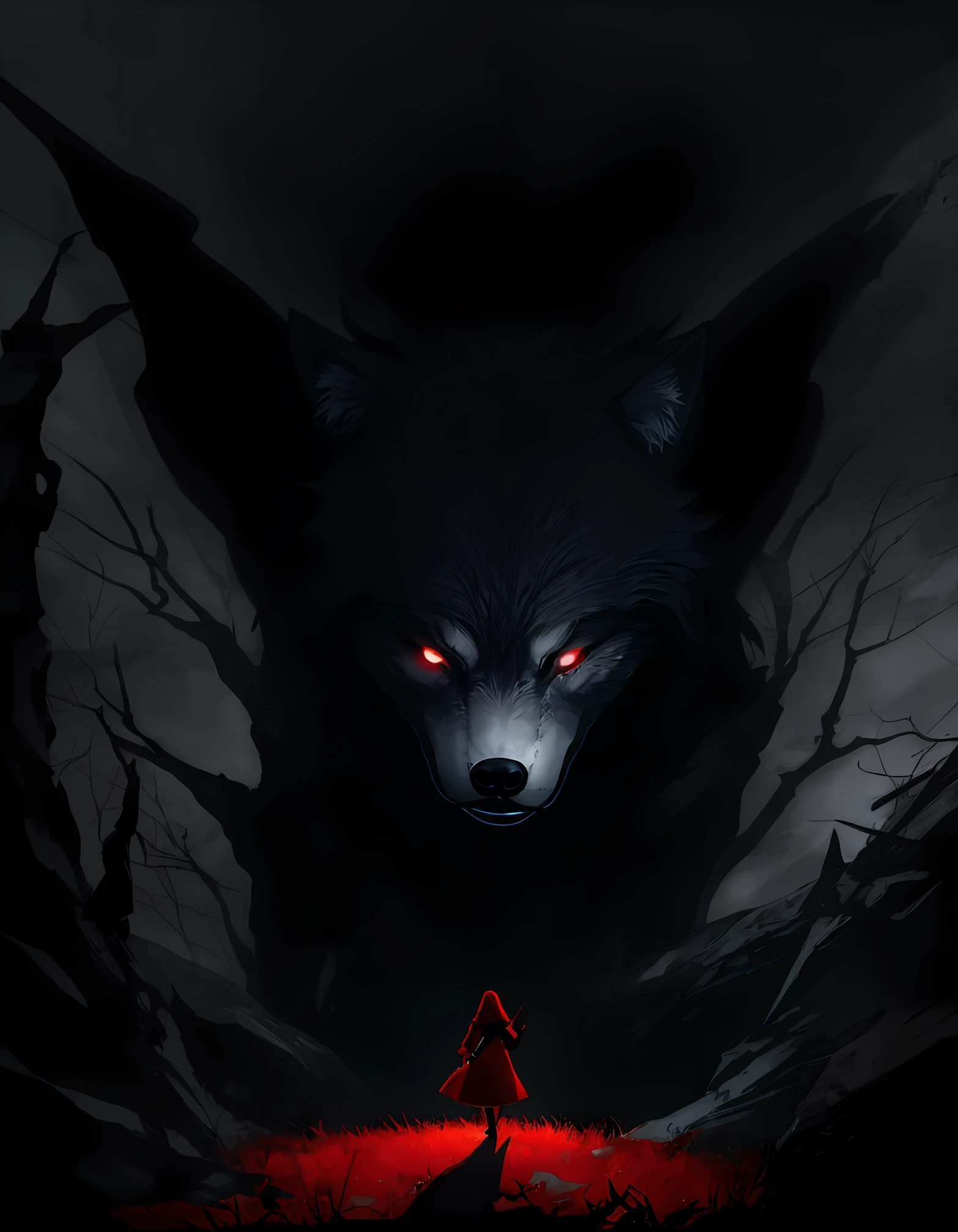 cinematic scene from 2023, little red riding hood walks through the creepy eerie forest, the monster-like anthropomorphic wolf with fangs and claws waiting for her,full moon, captured by Canon EOS 5D Mark IV, german expressionism, dramatic lighting, strong contrasts, distorted perspectives, angular shapes, extreme close-up, haunting, horror, psychological thriller, color fill-in