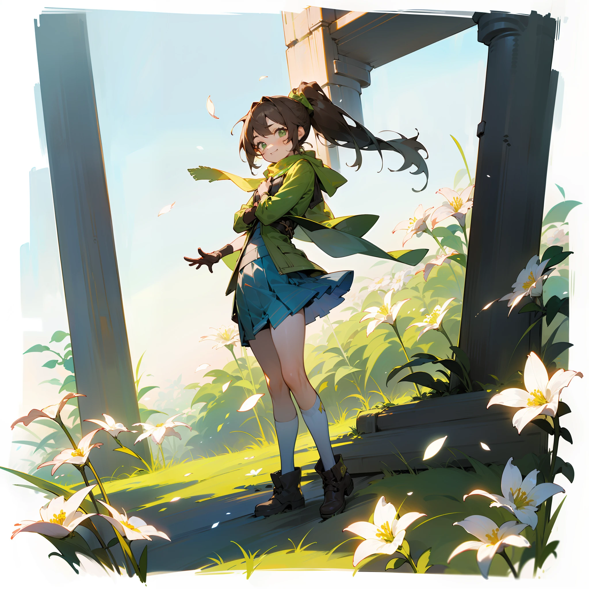 (best quality), {masterpiece}, {very detailed}, {super detailed}, {high resolution}, {absurd}, 1 girl, solo, anime, full body shooting, (green punk jacket, thick scarf, green eyes), (((brown diagonal ponytail))), ((simple background)), (standing style), gentle, standing, (dynamic) (fine beautiful face and eyes), smile, denim shot, ((full body)), volumetric lighting, (((short ))), plant background, lots of white flowers, petals flying in the air, blue morning sky, sunlight, meadow, small range of movement, short man, striped short skirt, fluttering at the end of a scarf