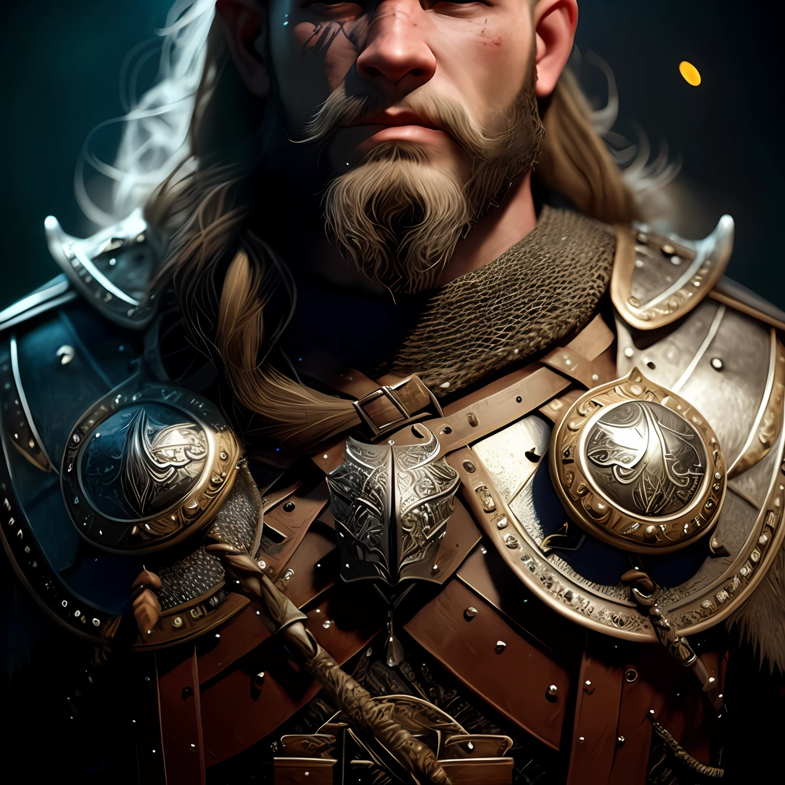 a close up of a man with a beard and a beard in armor, hyperdetailed fantasy character, portrait of a viking, viking and templar aesthetics, portrait of a dwarf warrior, tuomas korpi and wlop, small character. unreal engine 5, picture of an adult male warrior, fantasy warrior in full armor, attractive beefy male with armor