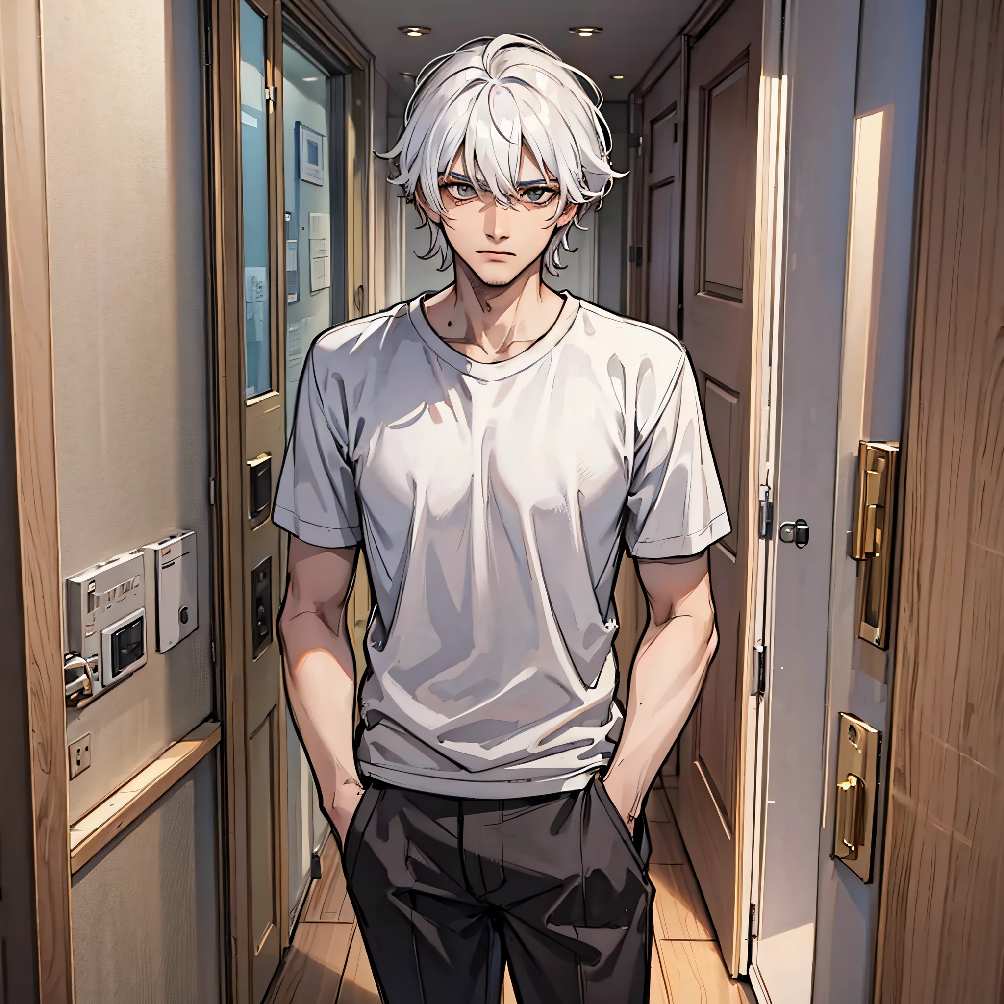 A young man in white short sleeves, white hair, and an indifferent expression, was at the door of the room