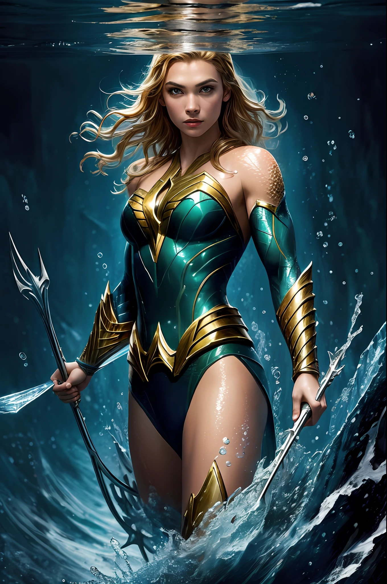 (16k, RAW photo, best quality, masterpiece: 1.2), ultra-detailed, formal art, photorealism: 1.37, upper body photo, Woman ((Japanese)) ,( super hero beauty aquaman dc, film grain, action pose,clear eyes details