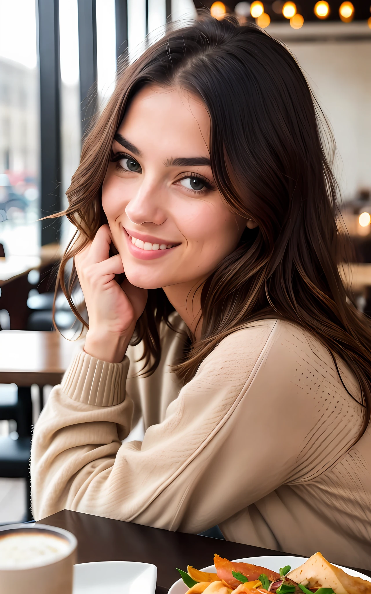 beautiful brunette wearing beige sweater (having lunch inside a modern restaurant), very detailed, 40 years, innocent face, long hair, natural wavy, blue eyes, high resolution, masterpiece, best quality, intricate details, highly detailed, sharp focus, detailed skin, realistic skin texture, texture, detailed eyes, professional, 4k, charming smile, shot on Canon, 85mm, shallow depth of field, kodak vision color,  perfect fit body, extremely detailed, foto_\(ultra\), photorealistic, realistic, post-processing, maximum detail, roughness, real life, ultra realistic, photorealism, photography, 8k uhd, photography