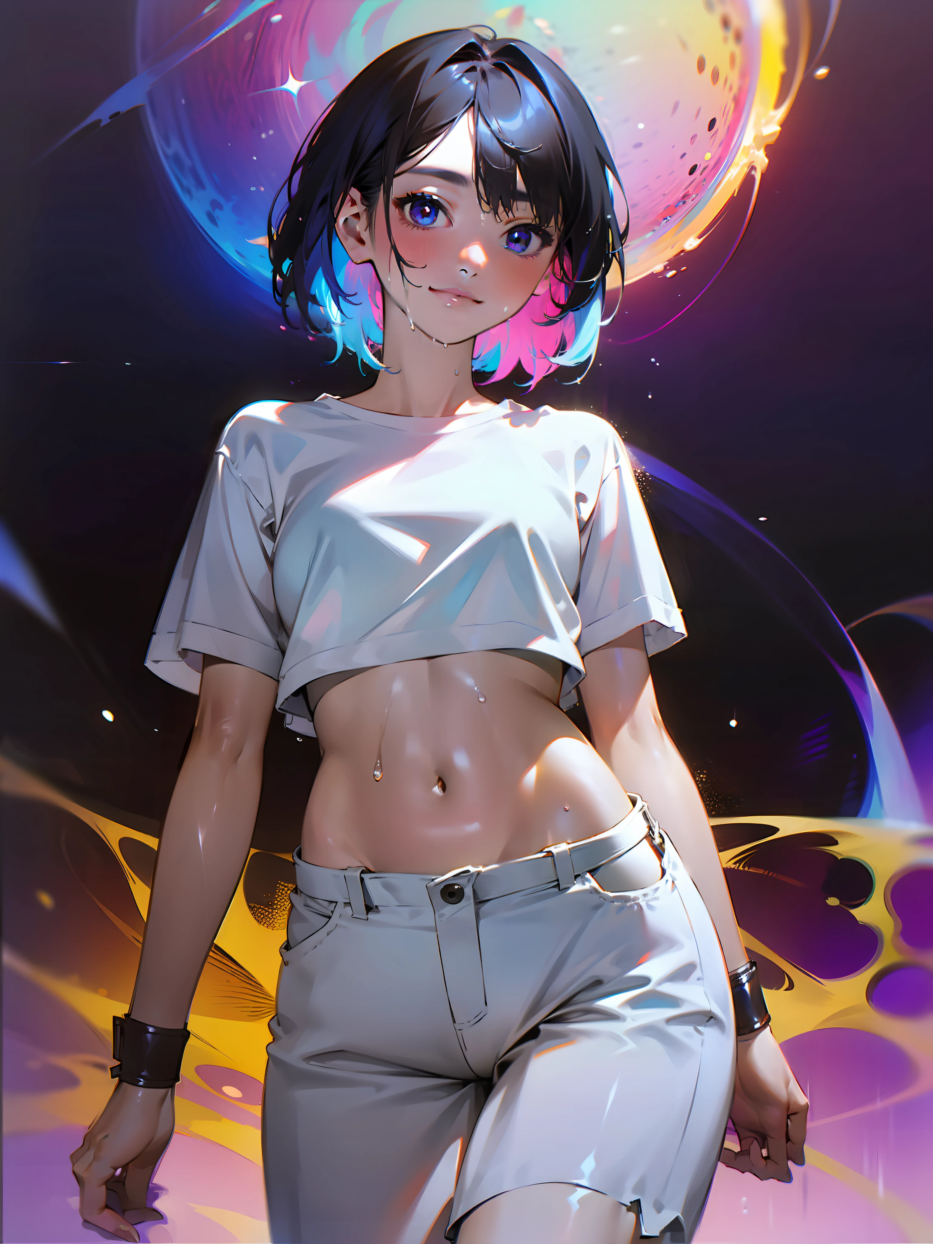 Hi-Res, Super Detail, 1 Girl, Wet White T-Shirt, Hot Pants, Beach, Jumping, Extreme Detail Eyes, Official Art, Beautiful and Aesthetic, 1 Girl, Extreme Detail, Fractal Art, Colorful, Supreme Detail, Dark Short Hair, Odd-Eye