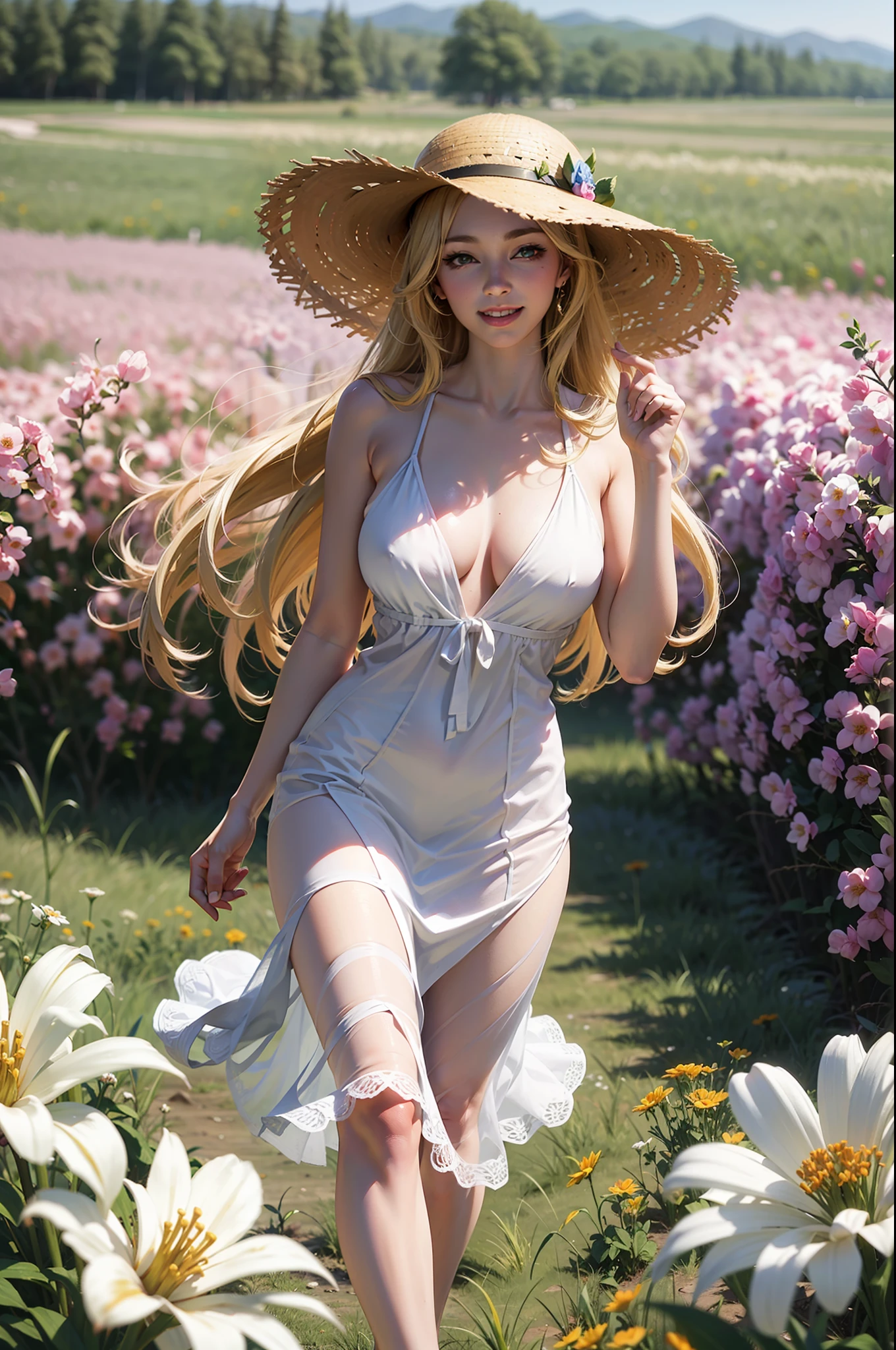 mature county woman, long blonde hair, neon pink sundress, lipstick, smiling, happy, loving, seductive, straw hat, walking in a field of flowers
