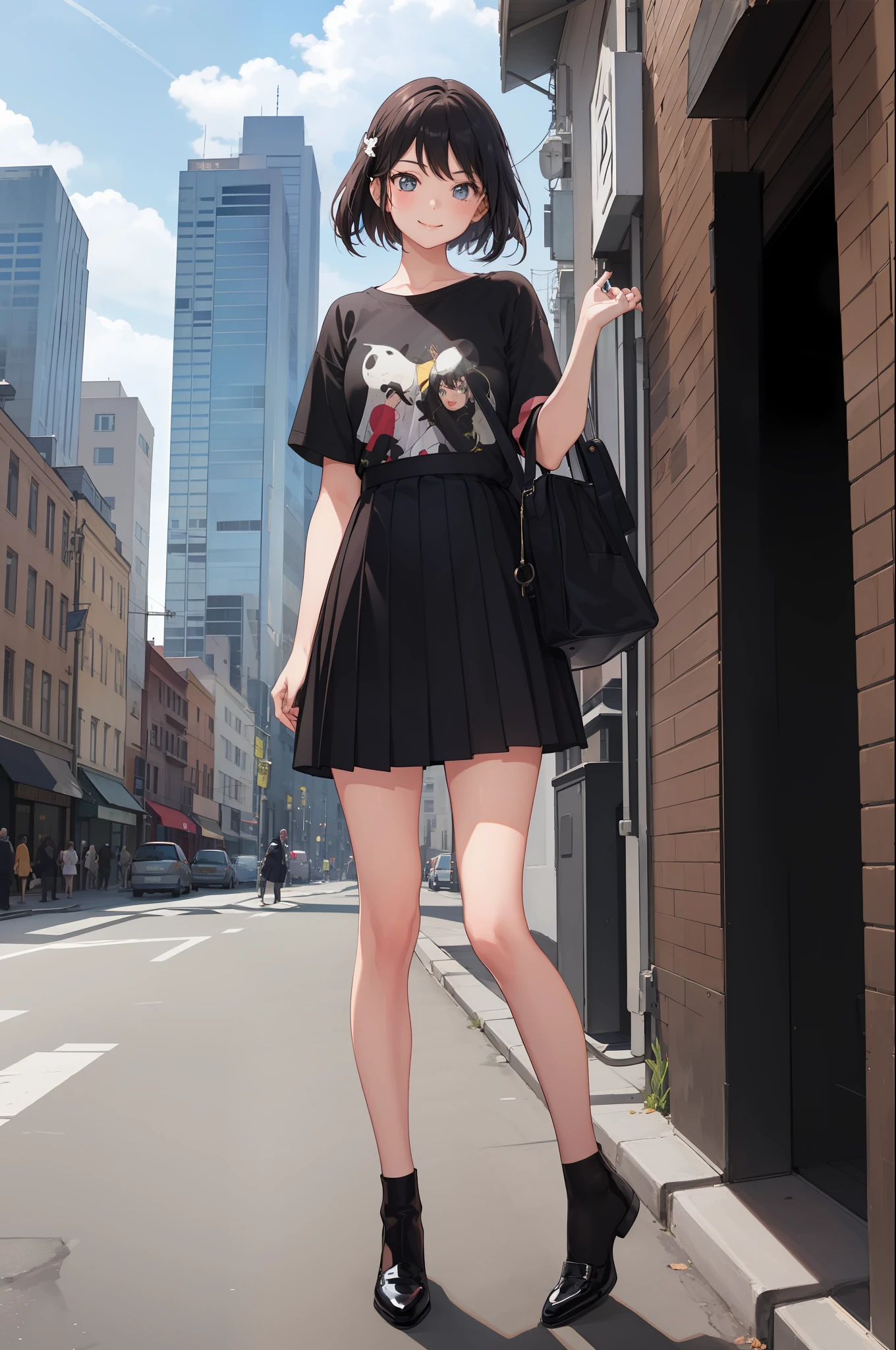 1 girl, smile, shirt, skirt, (small) chiralism,