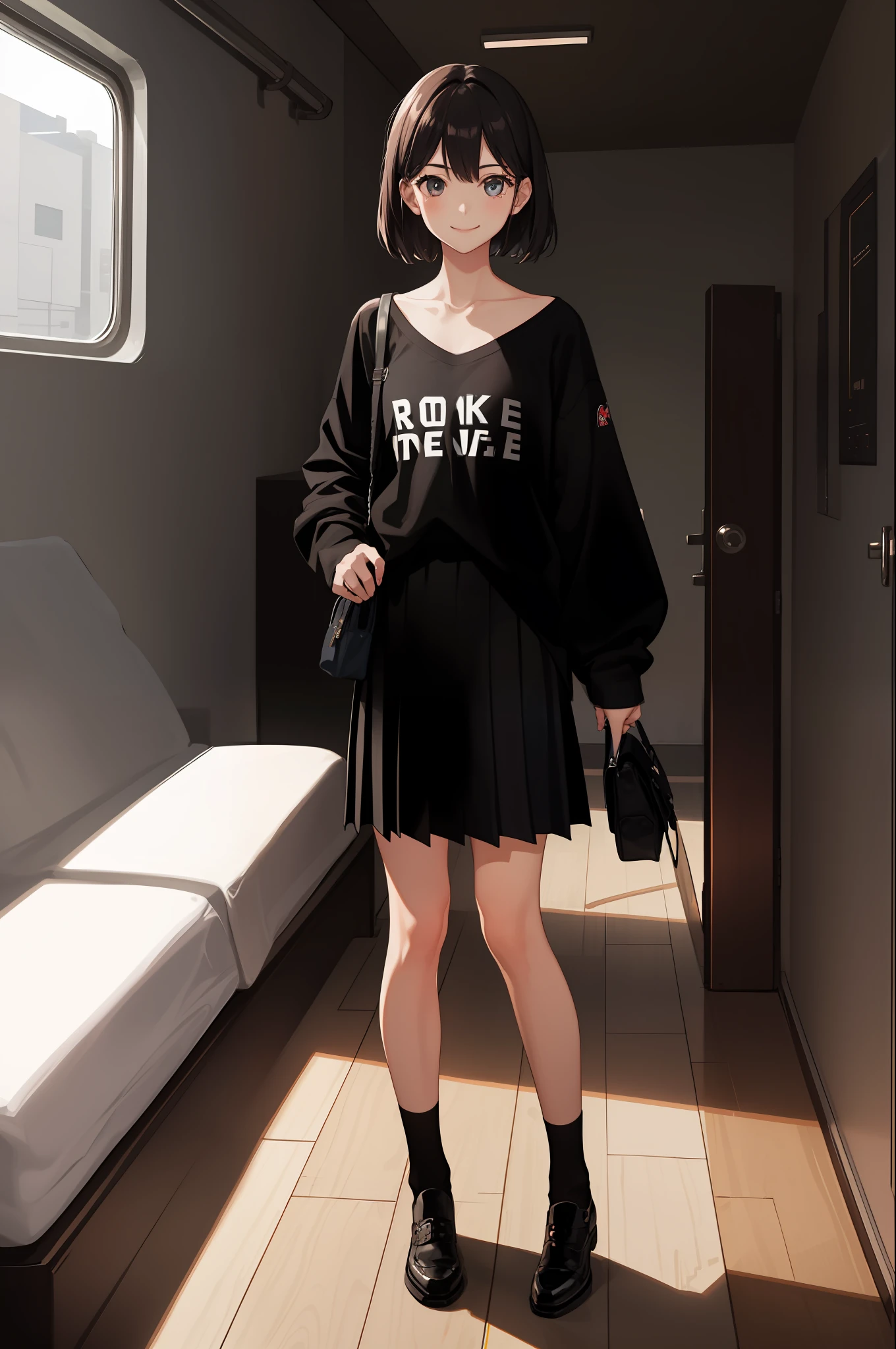 1 girl, smile, shirt, skirt, (small) chiralism,