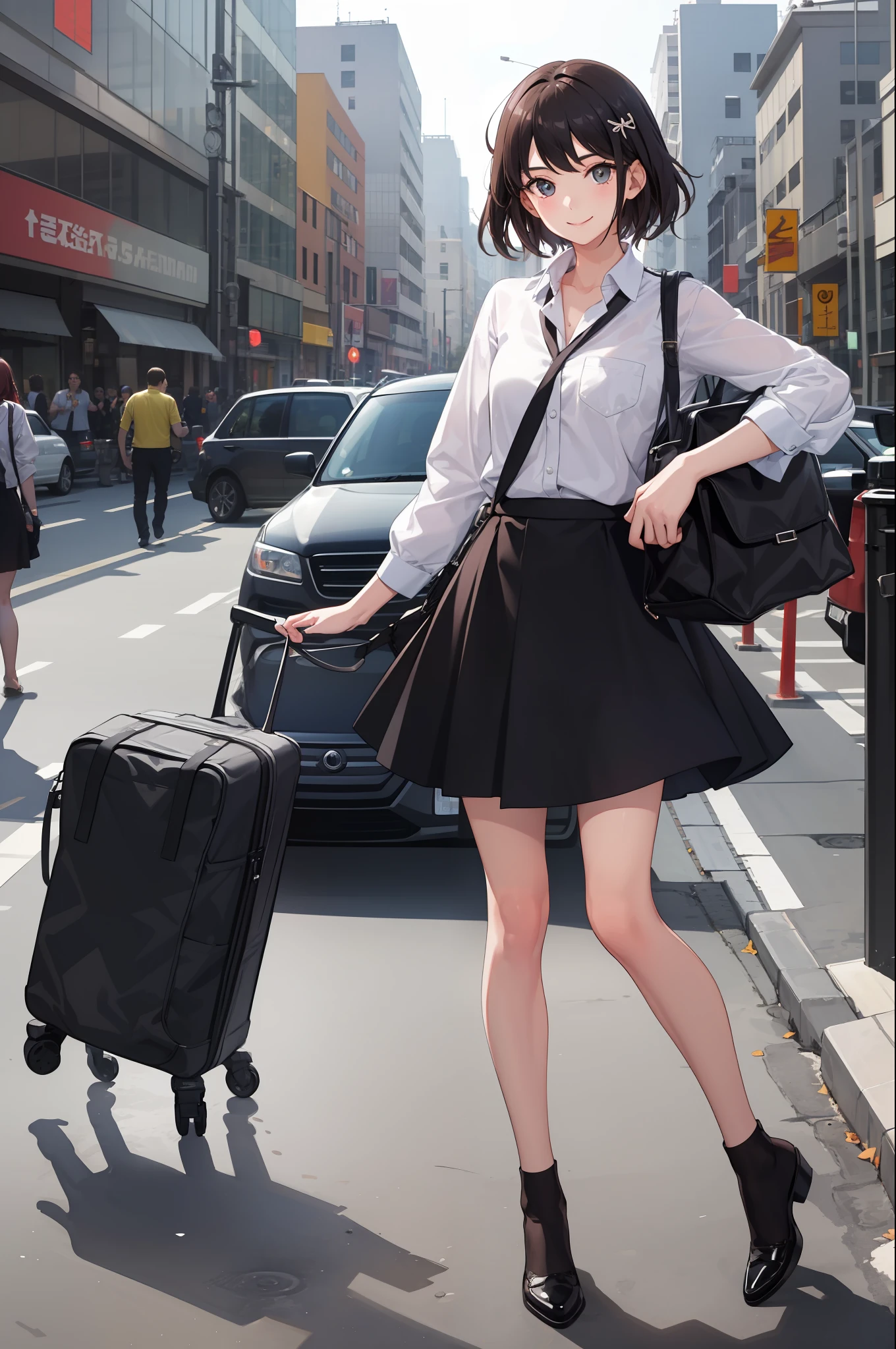 1 girl, smile, shirt, skirt, (small) chiralism,