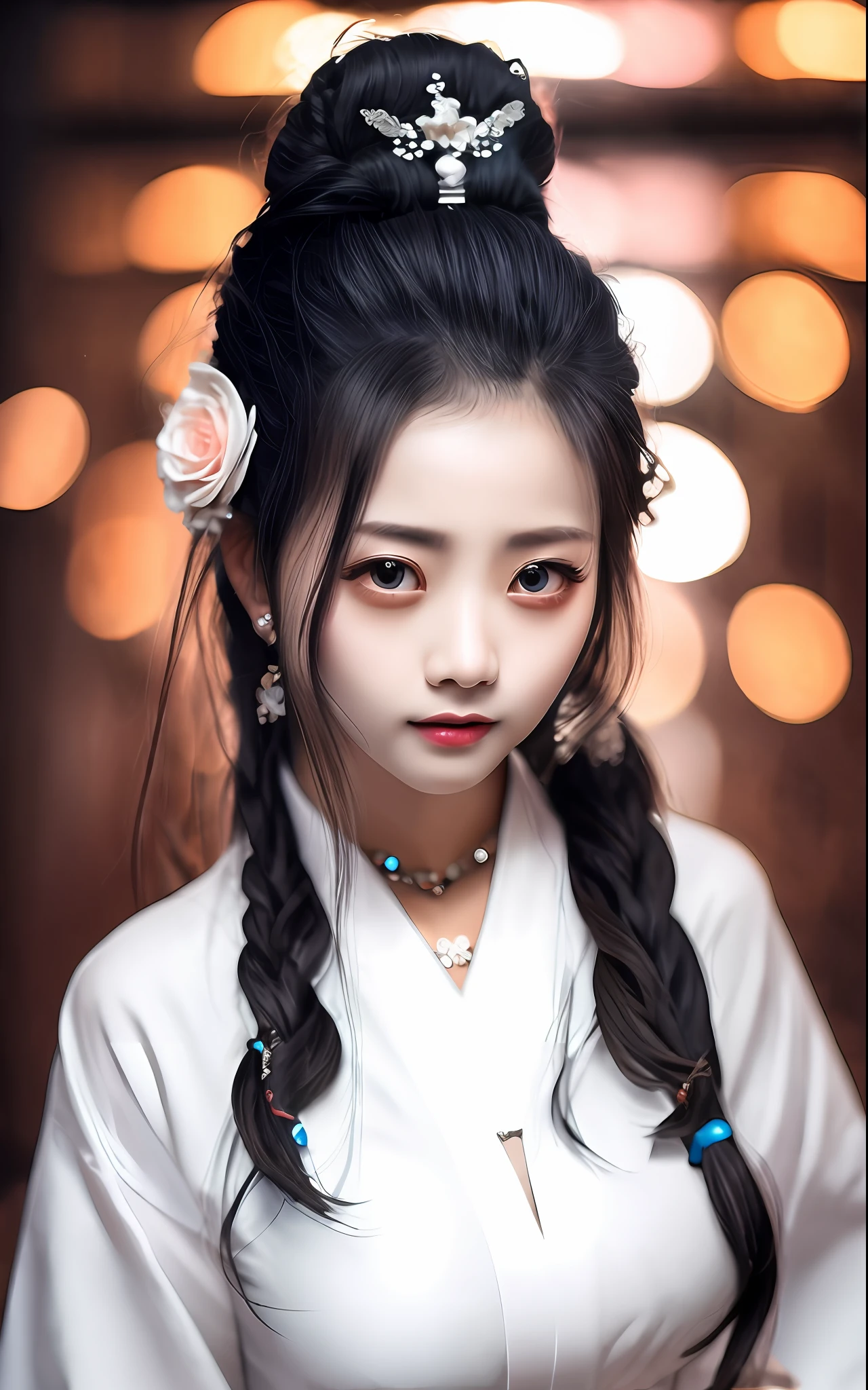 best quality, masterpiece, highres, wuxia 1girl,blush,(seductive smile:0.8),star-shaped pupils,china hanfu,hair ornament,necklace, jewelry,Beautiful face,upon_body, tyndall effect,photorealistic, dark studio, rim lighting, two tone lighting,(high detailed skin:1.2), 8k uhd, dslr, soft lighting, high quality, volumetric lighting, candid, Photograph, high resolution, 4k, 8k, Bokeh a beautiful girl with white hair wearing black dress