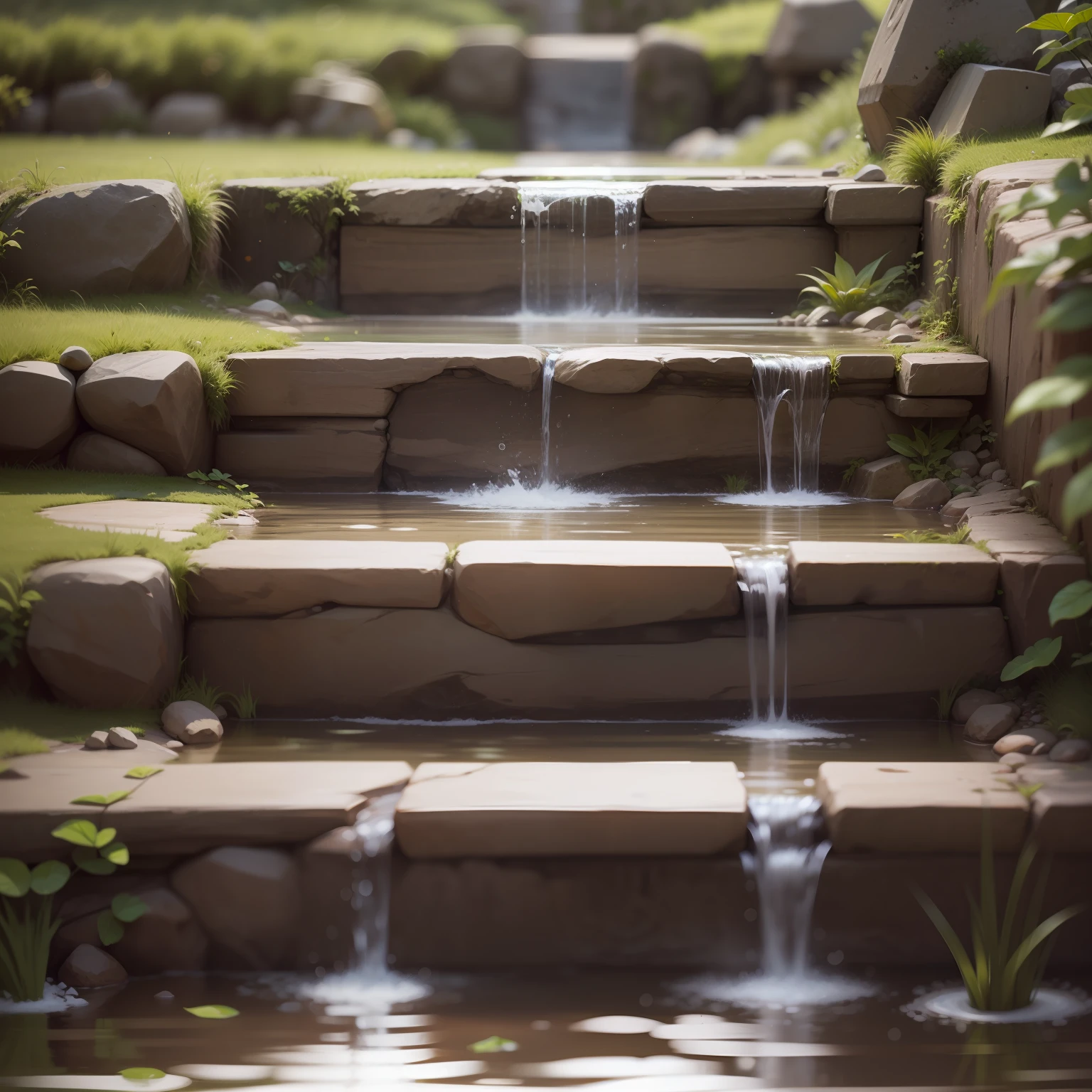 Marble steps, outdoor background, blurred depth of field, water, grass