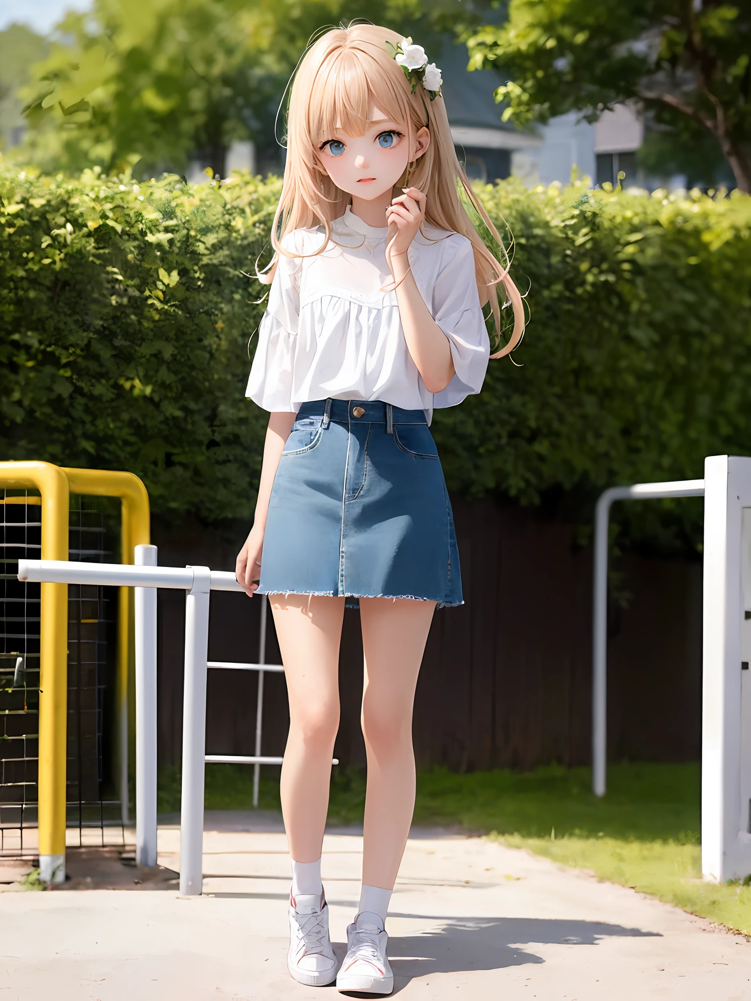 1girl, (masterpiece:1.1), (best quality:1.1), (white blouse:1.1), BREAK [blue:pink:0.5] theme, cowboy shot, full body, sideways view, looking at the audience, break flaxen hair, long hair, delicate facial features, blue eyes, flowers on the head, white top, denim miniskirt, white sneakers, standing, playground, selling cute