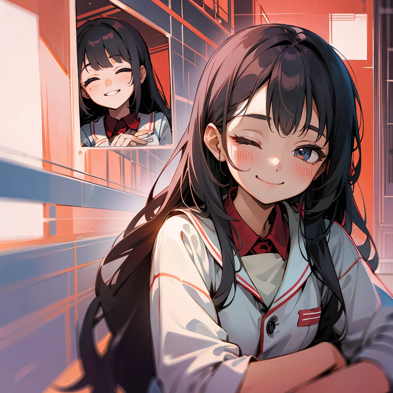Long shot, cute girl smile, eyes closed, red face