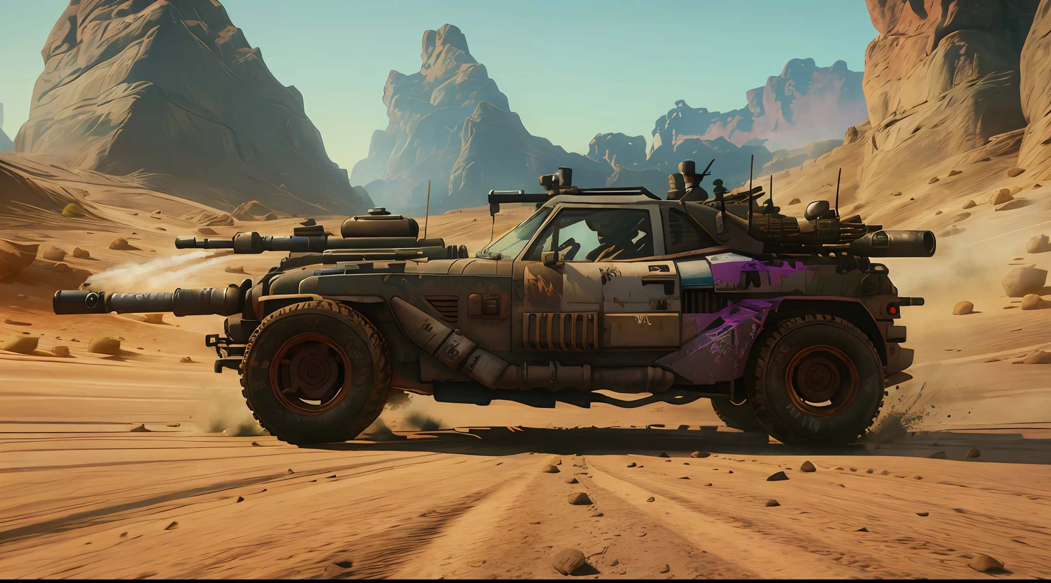 rage2vehicle_v2, fast driving vehicle on the road, big engine and exhaust pipe, machinegun