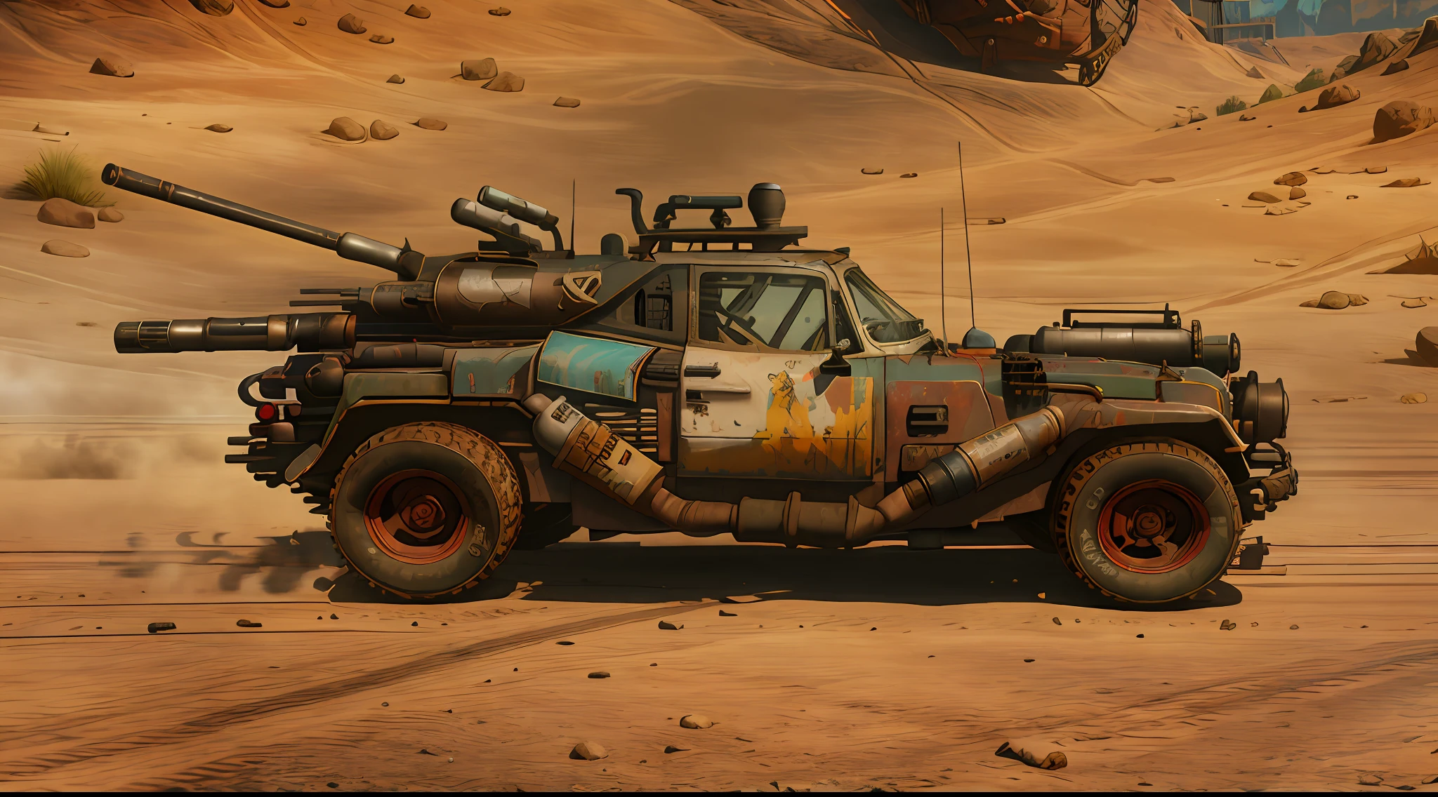 rage2vehicle_v2, fast driving vehicle on the road, big engine and exhaust pipe, machinegun