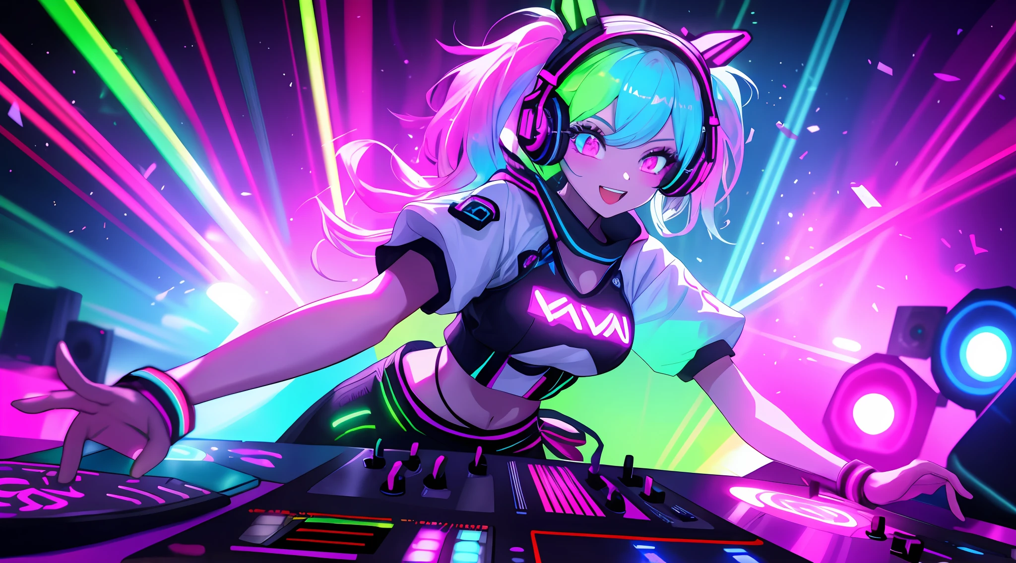 "1girl with a vibrant, neon-lit rave outfit, DJing at a hyper party with glowing RGB lights, creating a wow-worthy atmosphere of bright colors! dynamic pose, dynamic angle , lasers, lights