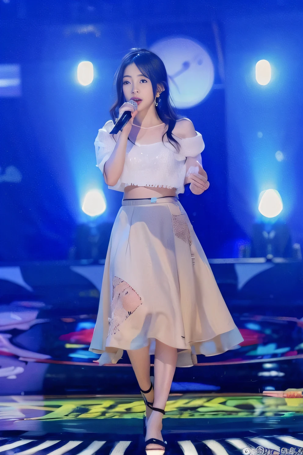 a woman in a white top and a tan skirt holding a microphone, singer in the voice show, sha xi, full body xianxia, in a glowing skirt, jia, bae suzy, inspired by Zhou Wenjing, performing on stage, lu ji, sun yunjoo, yan, xintong chen, inspired by Huang Ji, xianxia, li zixin