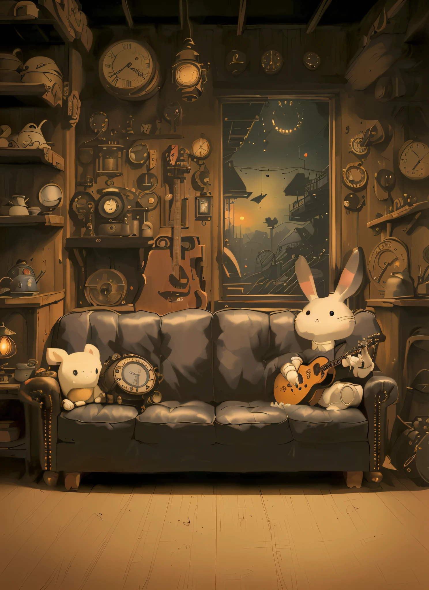 there are stuffed animals sitting on a couch in a room, steampunk living room, ghibli tom bagshaw, by Yoshihiko Wada, ghibli studio style, personal room background, in a steampunk world, rabbids at a metal concert, relaxing concept art, ghibli vibe, steampunk world, ghibli studio art, lounge background, interior background art, hd artwork, studio ghibli composition