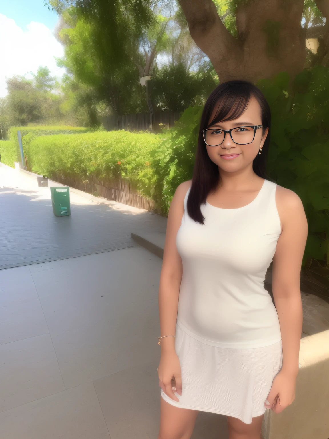 (masterpiece:1.4),(ultra-detailed),best shadow,(photorealistic:1.4),(depth of field, photo realistic, best quality, ultra high res:1.2),((real human skin)), photo of (cpbr), white skin, 1girl,bangs, glasses, wear short jk skirt, croptop shirt, cleavage, navel, waist, medium breasts, standing, outdoor, (beach), natural light,