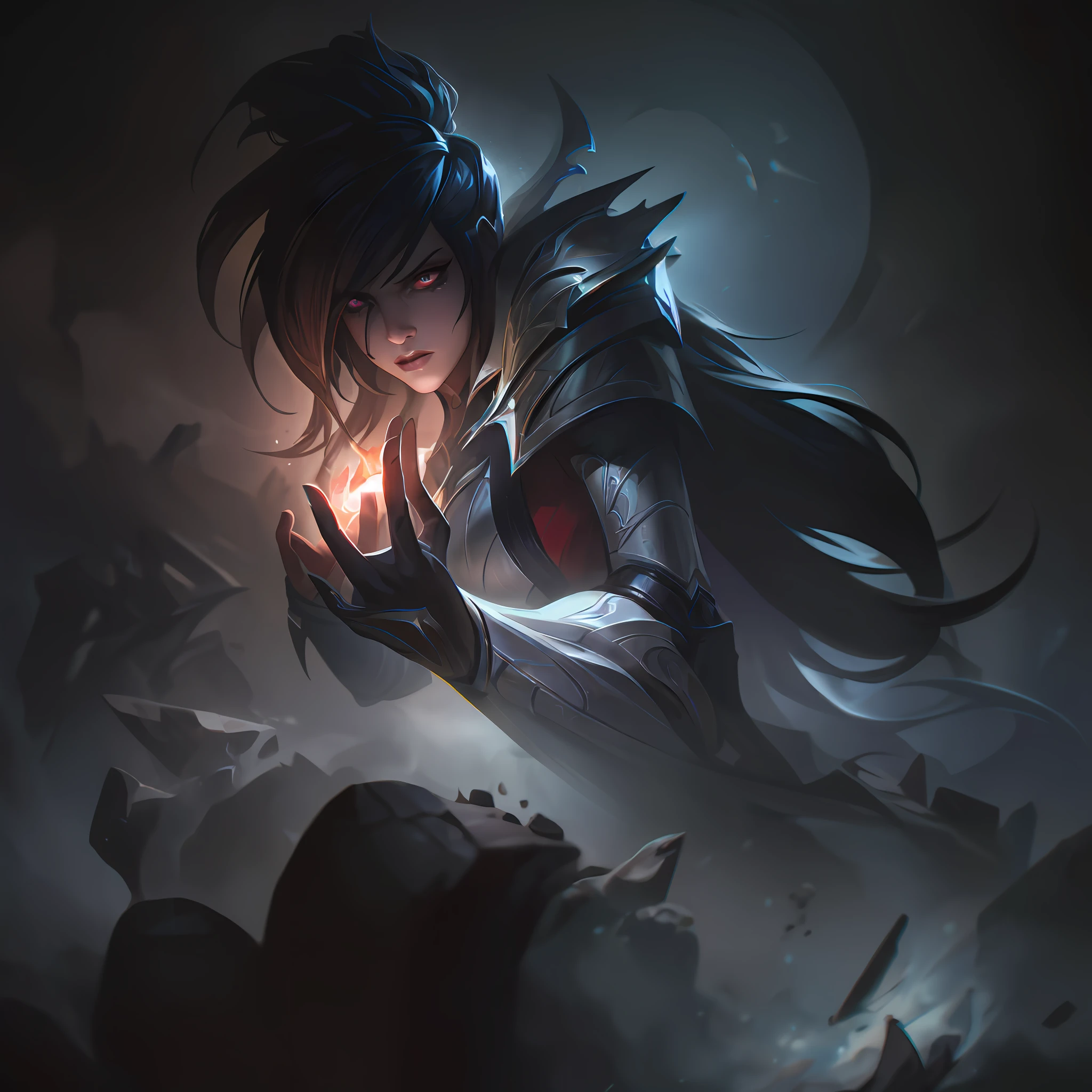 (masterpiece, ultra detailed)), concept art, illustration, digital art, 1girl, alone, standing, pale young woman surrounded by black smoke with ash ((angry face)) hidden in gothic cathedral, ( (very long hair, black hair)),((red iris and pupil)), knight, silver black knight armor, ((incredibly beautiful)), beautiful eyes, dynamic pose, ready battle posture, elegant pose, red ash, volumetric smoke black dense dark theme, black smoke with ash, dark theme, hdr, bloom, bright, dimming lighting, backlight, cinematic lighting, soft lighting, natural lighting, dramatic lighting, dark lighting, (ornate), intricate, highly detailed, hyper-realistic, trend in artstation, award-winning, fascinating, elegant, RAW photo, absurd, highres, 4k, studio quality, octane, 8k uhd, League of Legends close-up, Splash art, ja, Ionia, Noxian armorAnime - Style illustrations of a warrior holding a shining torch, Taliyah, Zenra Taliyah, Ahri, Irelia, Youthful Taliyah, Portrait of Ahri, LeBlanc, from League of Legends, Akali, Iconic Character Splash Art, Katerina, Riot Games Concept Art, Extremely Detailed Artgerm, League of Legends Concept Art