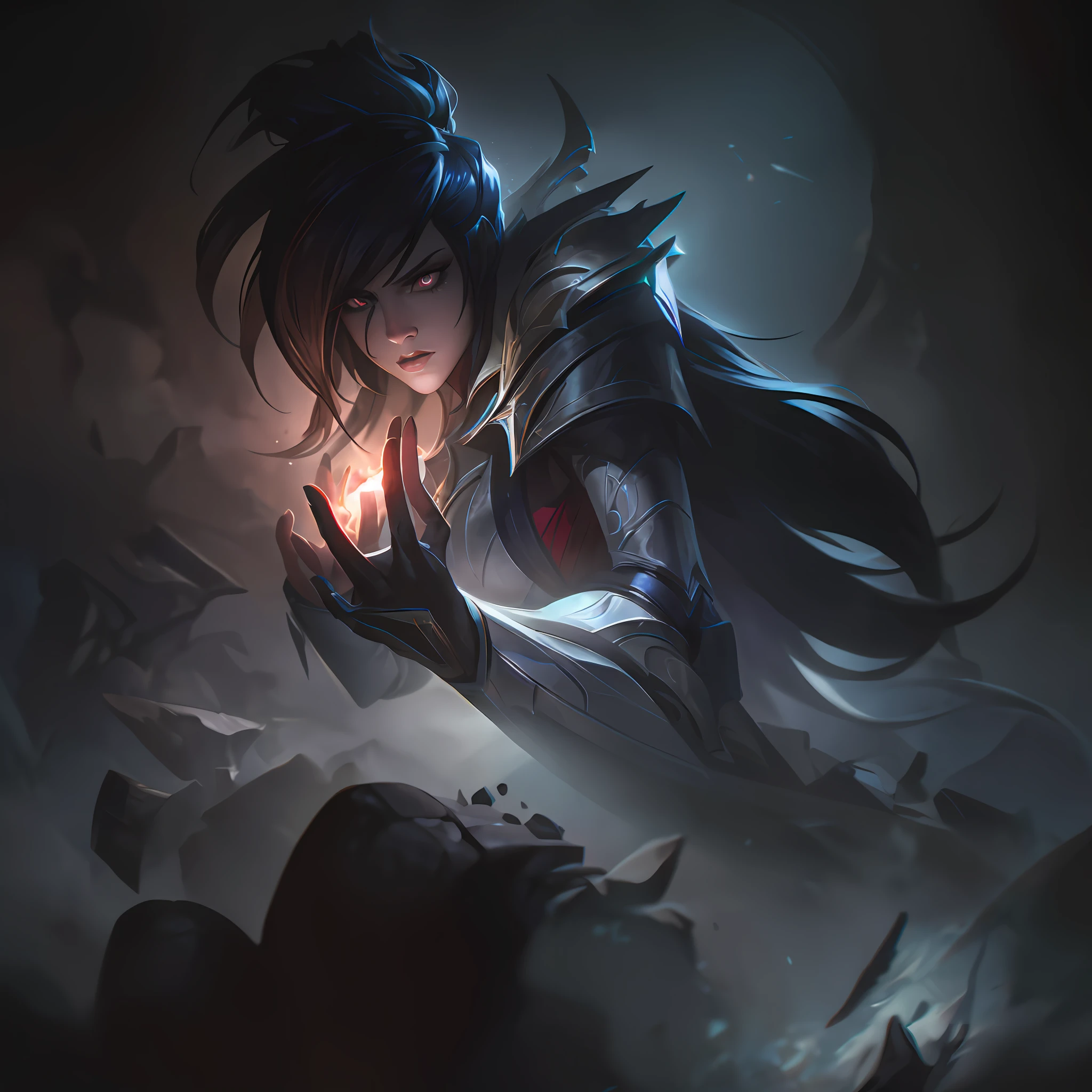 (masterpiece, ultra detailed)), concept art, illustration, digital art, 1girl, alone, standing, pale young woman surrounded by black smoke with ash ((angry face)) hidden in gothic cathedral, ( (very long hair, black hair)),((red iris and pupil)), knight, silver black knight armor, ((incredibly beautiful)), beautiful eyes, dynamic pose, ready battle posture, elegant pose, red ash, volumetric smoke black dense dark theme, black smoke with ash, dark theme, hdr, bloom, bright, dimming lighting, backlight, cinematic lighting, soft lighting, natural lighting, dramatic lighting, dark lighting, (ornate), intricate, highly detailed, hyper-realistic, trend in artstation, award-winning, fascinating, elegant, RAW photo, absurd, highres, 4k, studio quality, octane, 8k uhd, League of Legends close-up, Splash art, ja, Ionia, Noxian armorAnime - Style illustrations of a warrior holding a shining torch, Taliyah, Zenra Taliyah, Ahri, Irelia, Youthful Taliyah, Portrait of Ahri, LeBlanc, from League of Legends, Akali, Iconic Character Splash Art, Katerina, Riot Games Concept Art, Extremely Detailed Artgerm, League of Legends Concept Art