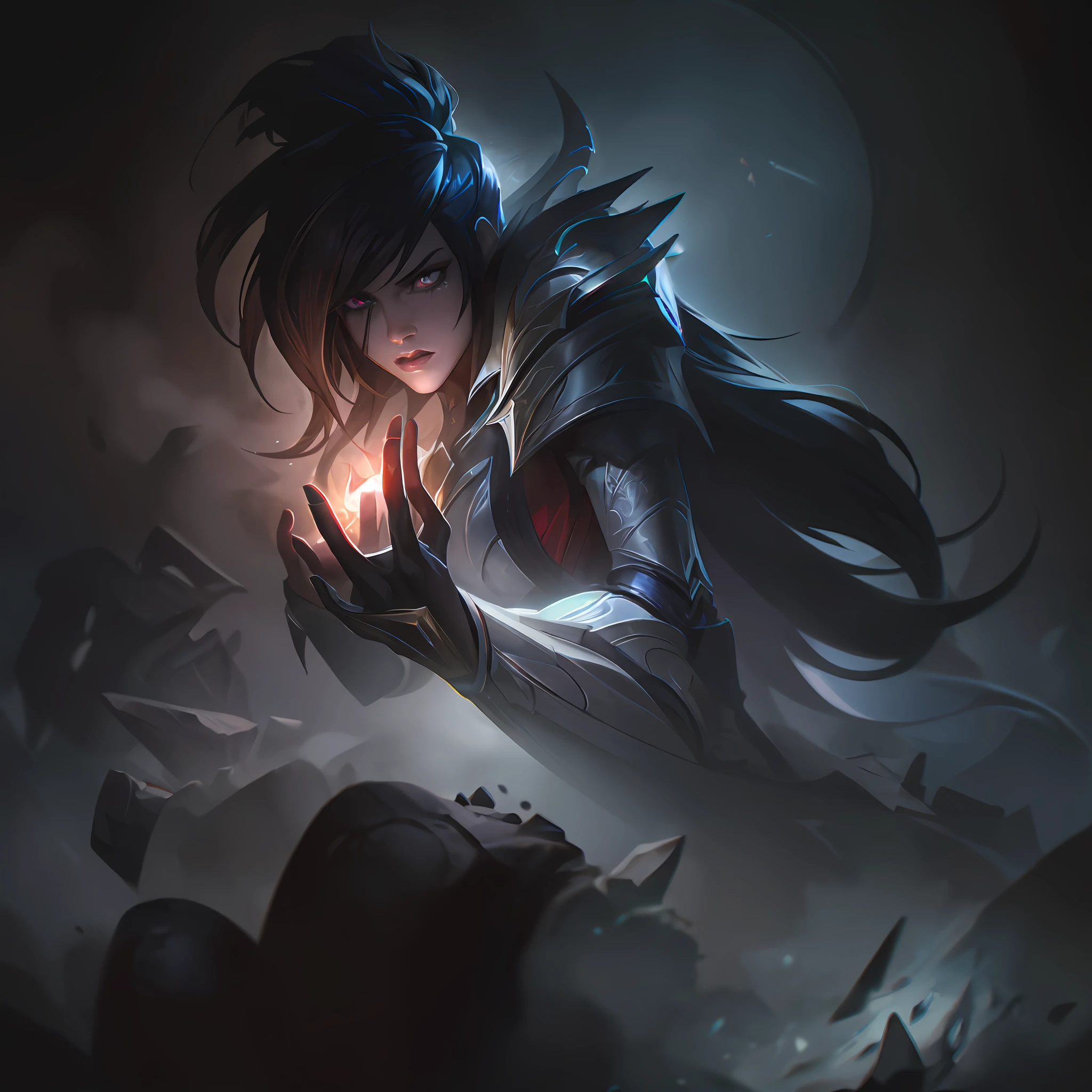 (masterpiece, ultra detailed)), concept art, illustration, digital art, 1girl, alone, standing, pale young woman surrounded by black smoke with ash ((angry face)) hidden in gothic cathedral, ( (very long hair, black hair)),((red iris and pupil)), knight, silver black knight armor, ((incredibly beautiful)), beautiful eyes, dynamic pose, ready battle posture, elegant pose, red ash, volumetric smoke black dense dark theme, black smoke with ash, dark theme, hdr, bloom, bright, dimming lighting, backlight, cinematic lighting, soft lighting, natural lighting, dramatic lighting, dark lighting, (ornate), intricate, highly detailed, hyper-realistic, trend in artstation, award-winning, fascinating, elegant, RAW photo, absurd, highres, 4k, studio quality, octane, 8k uhd, League of Legends close-up, Splash art, ja, Ionia, Noxian armorAnime - Style illustrations of a warrior holding a shining torch, Taliyah, Zenra Taliyah, Ahri, Irelia, Youthful Taliyah, Portrait of Ahri, LeBlanc, from League of Legends, Akali, Iconic Character Splash Art, Katerina, Riot Games Concept Art, Extremely Detailed Artgerm, League of Legends Concept Art