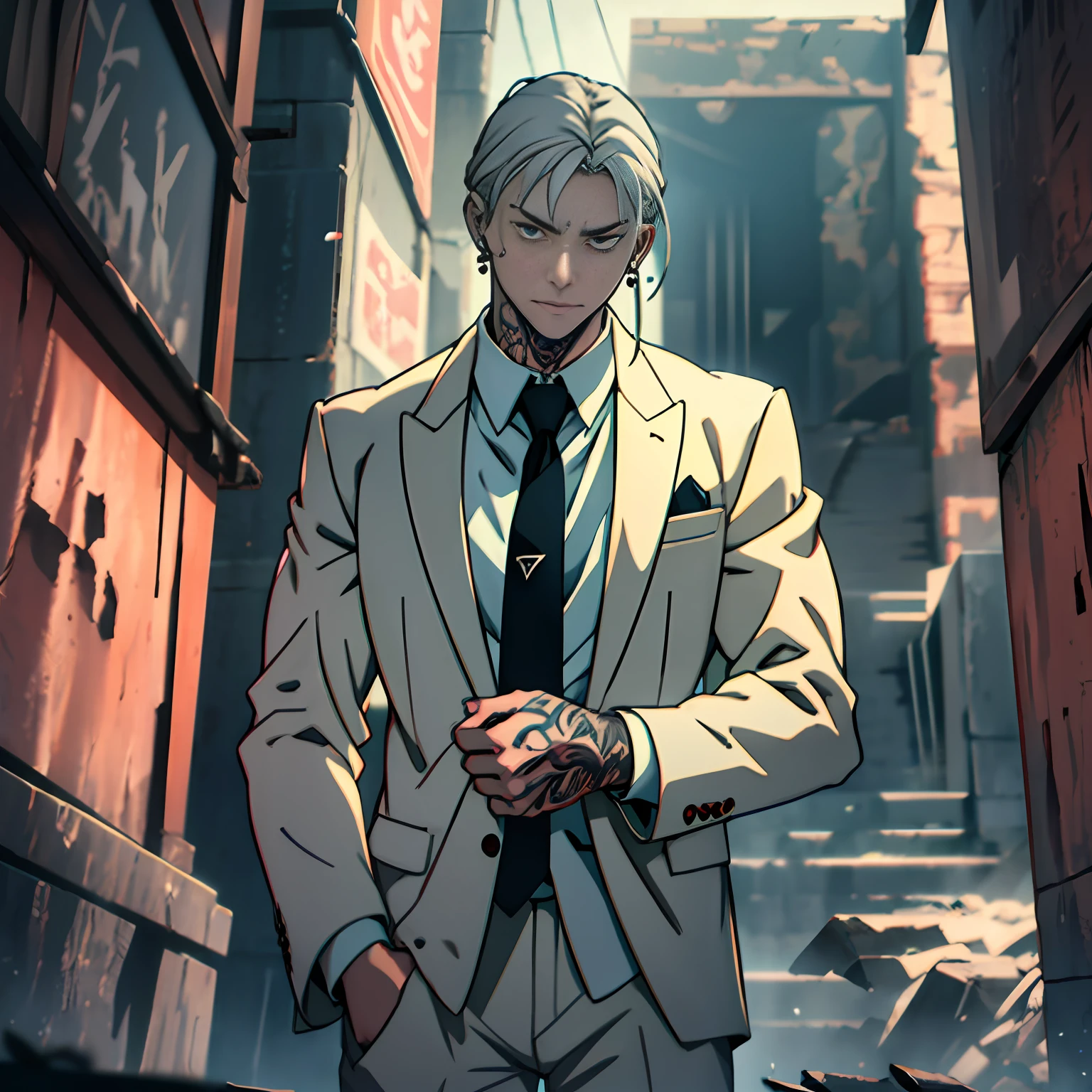 Suit thug, suit tie, silver earrings, evil, anime demon killer, standing in front of a gloomy broken temple with a delicate close-up of tattoos on his hands