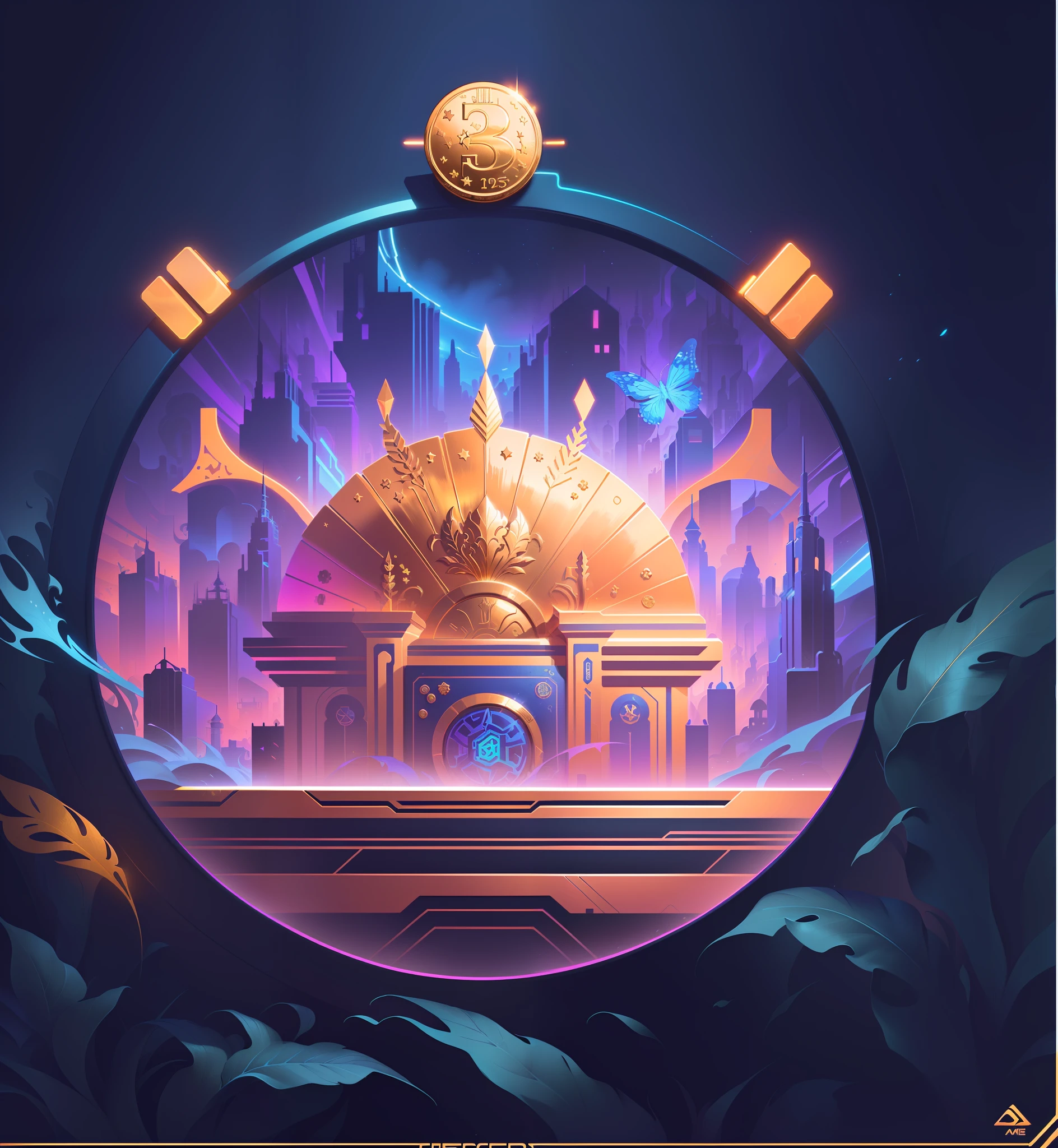 Gold coin icon centered poster with gold coins, gold coin background, very coherent stylized artwork, gorgeous border + concept art, Jen Bartel, independent craft aesthetics, card art, beeple everyday art, concept illustration, James Gilead artwork, background art, concept illustration, game illustration, symmetry!! Conceptual art in the Bipple style