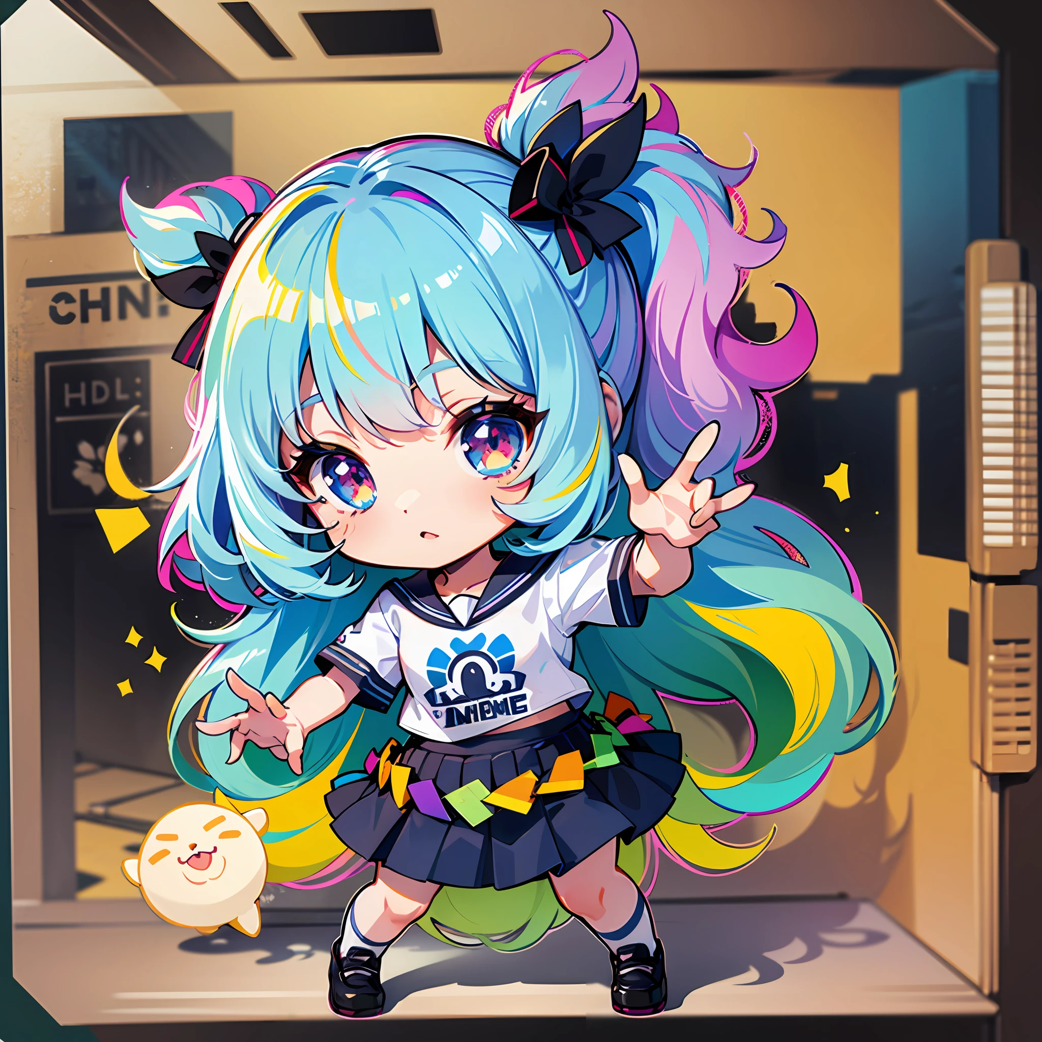 ((Sticker: 1.5))), ((Chibi character)), (white background), Fluffy, Girl, High school student, High school girl costume, Miniskirt, High school girl pose, Chibi character, Full body, Pastel colored hair, fairy tale, fantastic, rainbow, T-shirt design, masterpiece, highest quality, 16k,