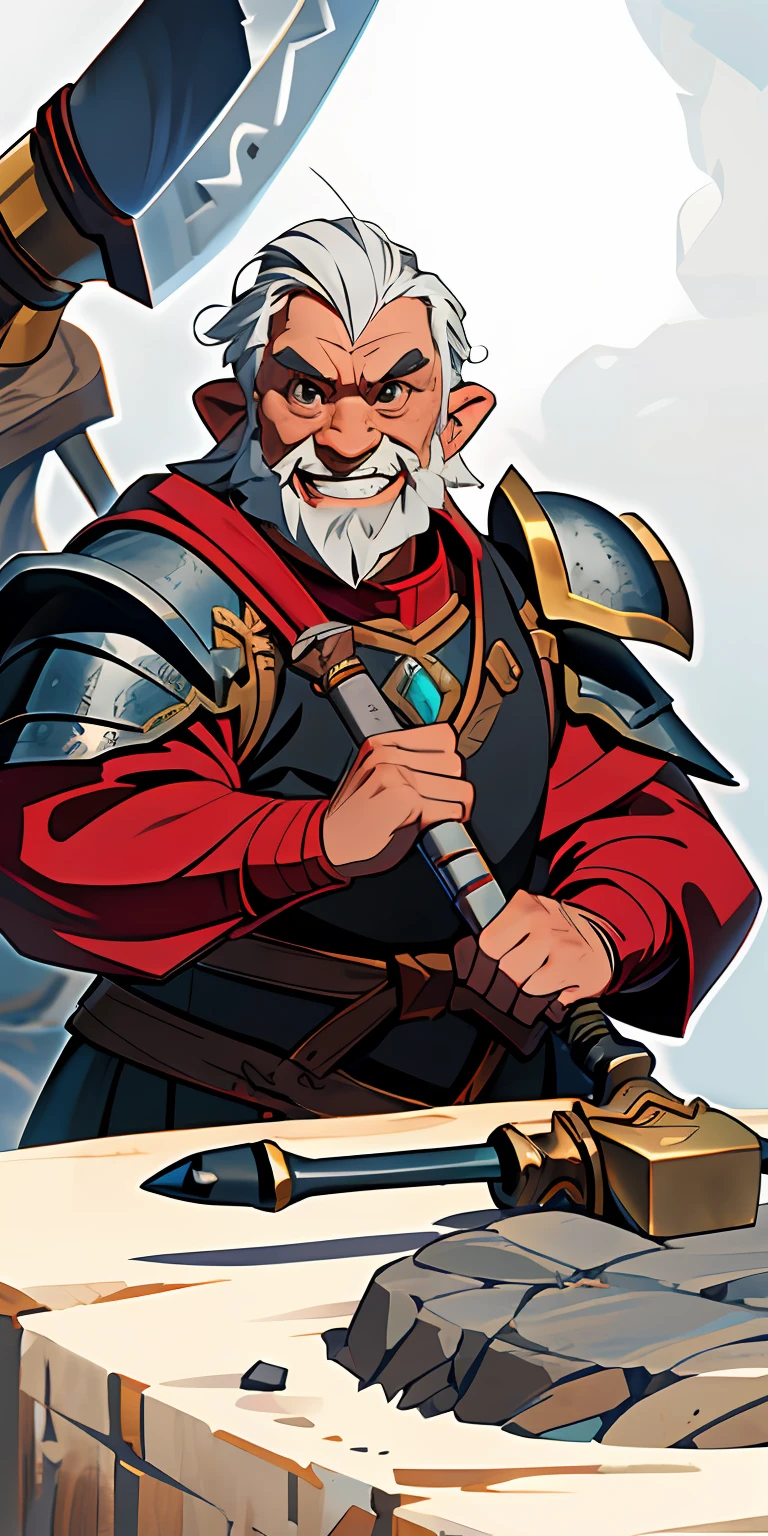 (masterpiece, best quality), adult, elderly, dwarf, gray beard, black eyes, ((blacksmith)), ((hammer)), ((anvil)), red and white armor, grin, looking at viewer