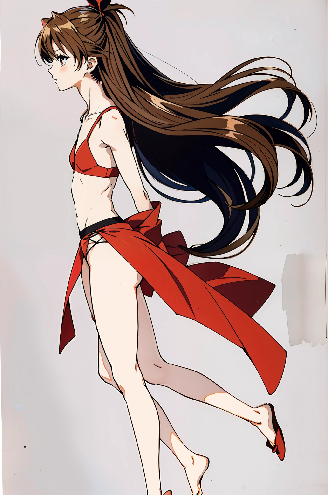 full body portrait photo, beautiful anorexic Asuka Langley, very skinny in bikini, visible bones and ribs, small flat breasts, very small waist, slender legs, beautiful face, very skinny anime girl profile, white background.