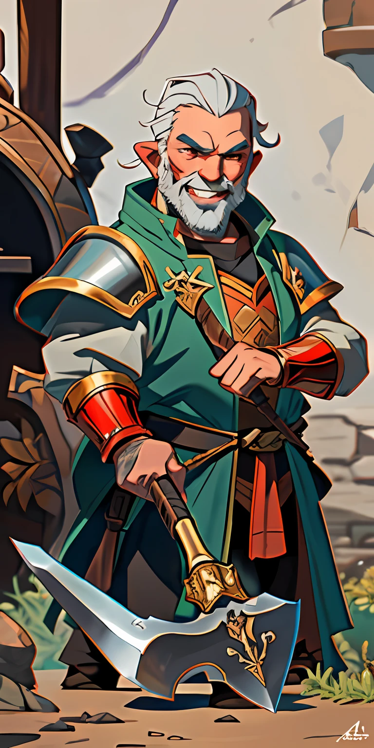 (masterpiece, best quality), adult, elderly, dwarf, gray beard, black eyes, ((blacksmith)), ((hammer)), ((anvil)), red and white armor, grin, looking at viewer