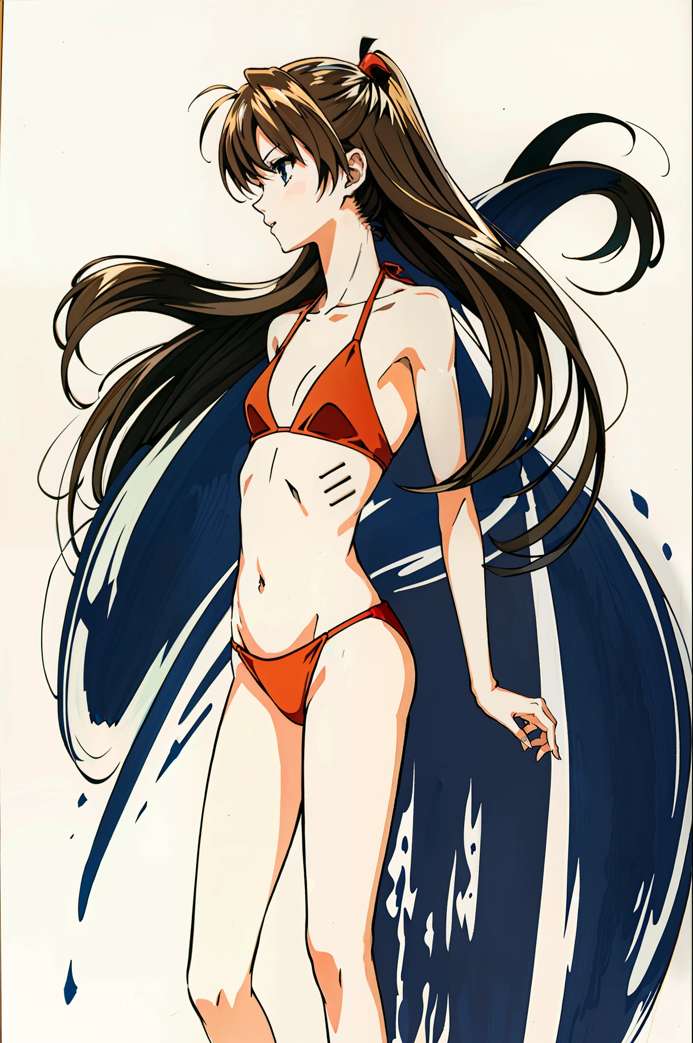 full body portrait photo, beautiful anorexic Asuka Langley, very skinny in bikini, visible bones and ribs, small flat breasts, very small waist, slender legs, beautiful face, very skinny anime girl profile, white background.