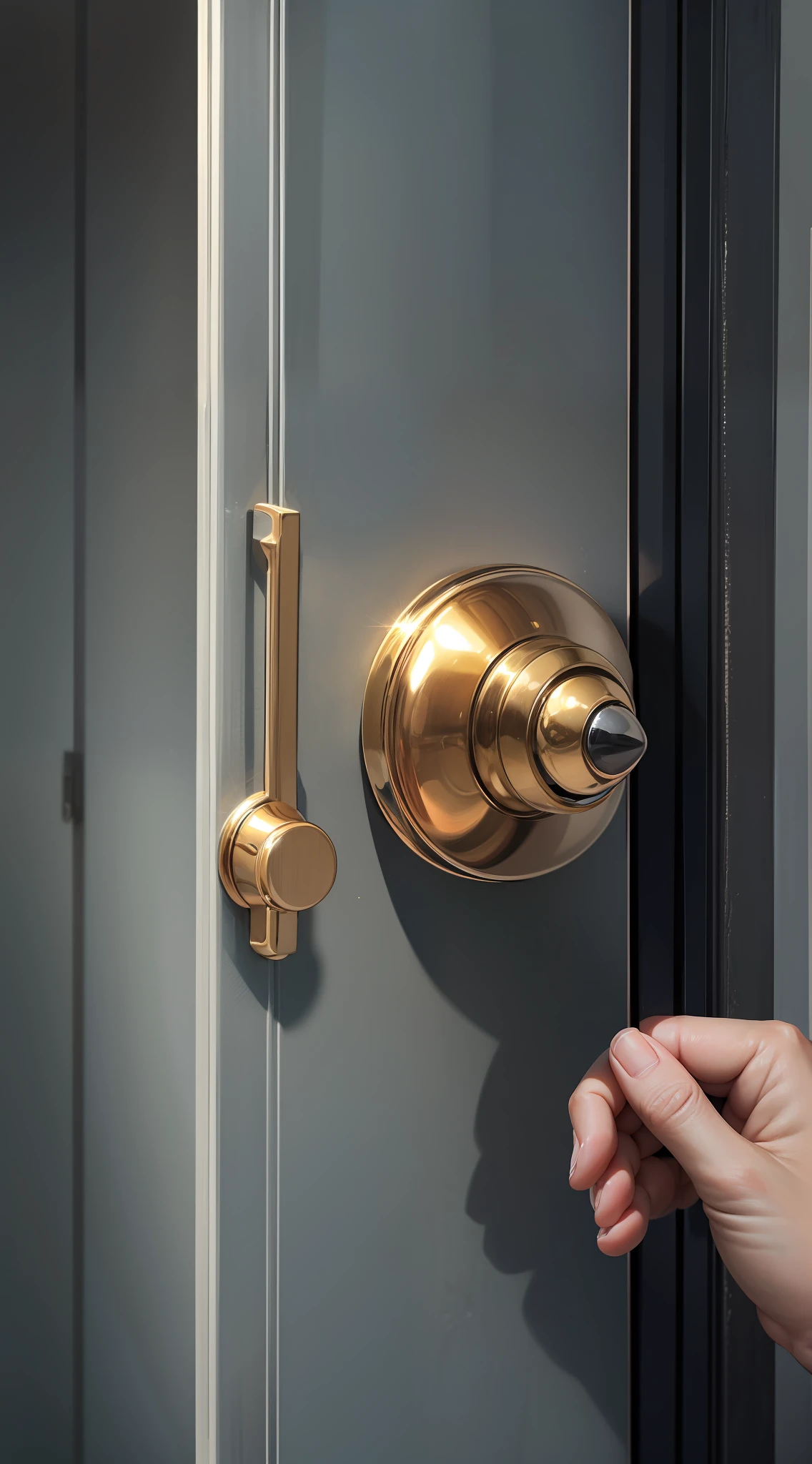 Hand holding doorknob, evening, Japanese anime style, close-up