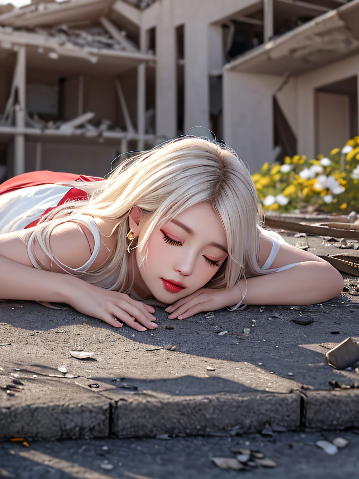 (((Female teacher lying in ruins)))v6, earrings, full body v6, (long golden white hair), translucent clothes, visible, superb, ultra high definition, RAW photography, realism 1.25), (bright lip gloss, long eyelashes, smooth) face, bright skin, natural shadows, wide light, wide light, depth of field, strong colors, subtle caustics: 0.8), (big), v6 ( Bra, miniskirt, made of transparent white and red flowers,))), sleeveless, (eyes closed, face down)), lower body slender, behind the woman, covered with rubble (absurd, high resolution, super detailed), ((slightly dirty all over, clothes are also torn))
