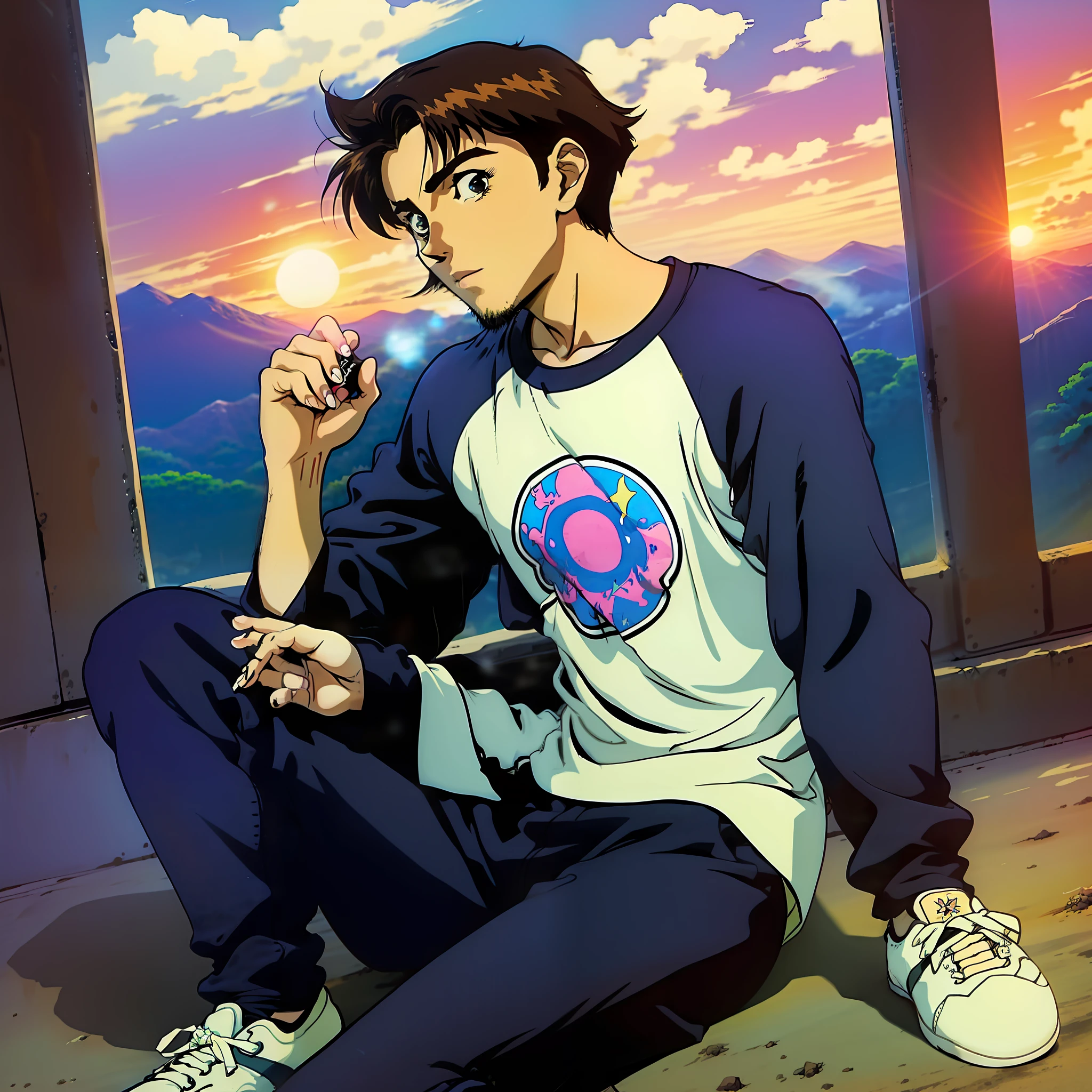 I want you to create an anime-style cartoon in the '90s, '90s anime of A young, skinny, is sitting on a mountain, immersed in the music playing on his guitar. He has dark hair cut in a style called 'ladinho', with a chevron mustache that adds a touch of charm to the face. The young man is wearing a long-sleeved raglan top, which perfectly matches his laid-back style. He completes the look with black pants and All Stars sneakers, bringing a casual touch to his look. This whole scene with setting sun and clouds, creating a magical and inspiring atmosphere."