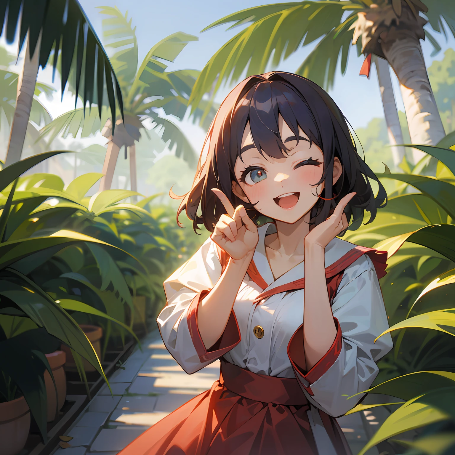Long shot, cute girl smile, eyes closed, red face, hands in front of you and palms pointing upwards, fingers open