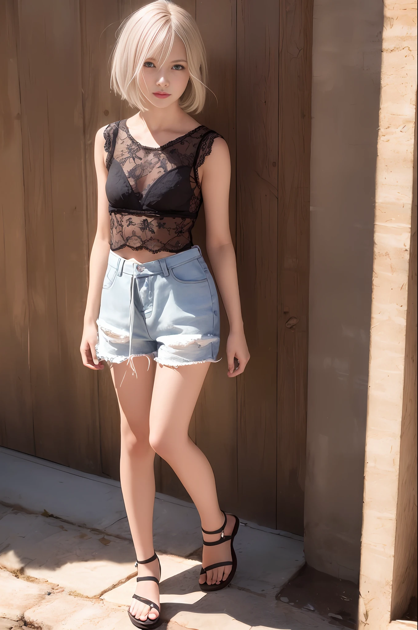 1 girl, Solo, realistic skin texture, Small, Very detailed, Ultra detailed, Ultra high definition, (Photorealistic:1.4), (Best quality), (best shadow), Detail, Perfect lighting, Silver hair, Pretty short hair,Slim figure, trendy summer clothes,sandals