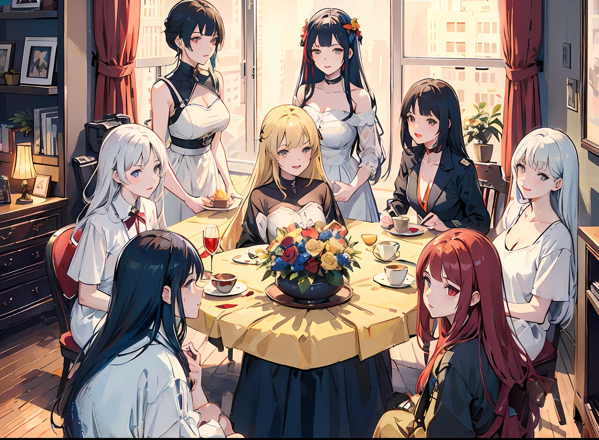 anime characters sitting around a table with a cake and flowers, girls frontline style, characters from azur lane, from girls frontline, anime style like fate/stay night, girls frontline universe, girls frontline cg, kantai collection style, azur lane style, anime girls, fine details. girls frontline, girls frontline, from the azur lane videogame