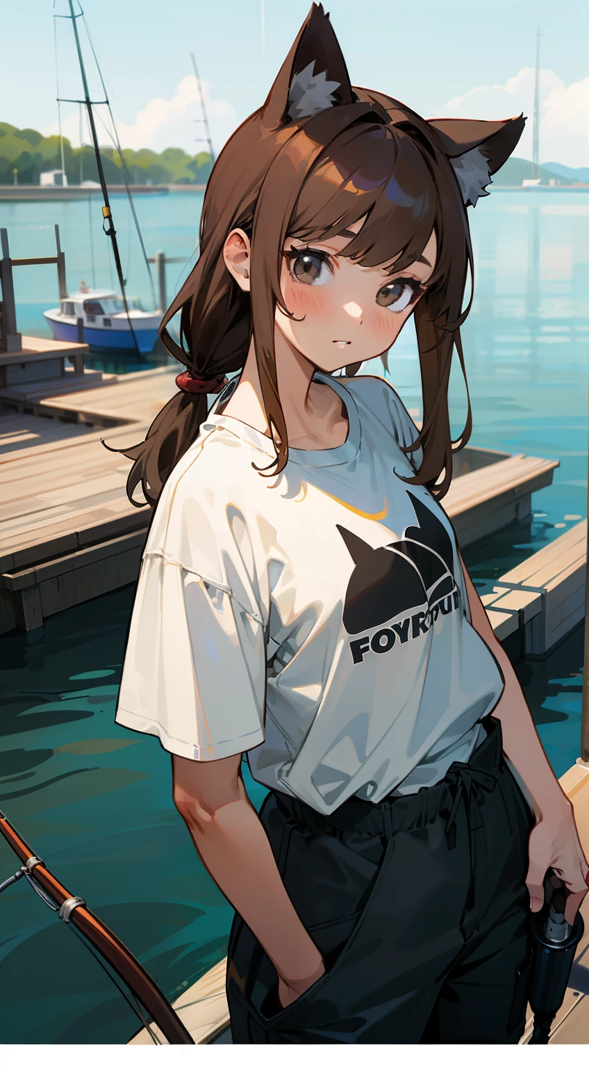 ((Masterpiece)), (Best Quality)), Illustration, One Girl, Hair color, Bangs, Hairstyle Fax, Portrait from the waist up, ((Beautiful)), Cat ears, Baggy T-shirt, Micro bikini, Cargo pants, Girl, Dull long brown hair, Gray eyes, Ponytel, Fishing figure in the harbor, Breakwater, Fishing, Active atmosphere, Fishing lover, Fishing rod,