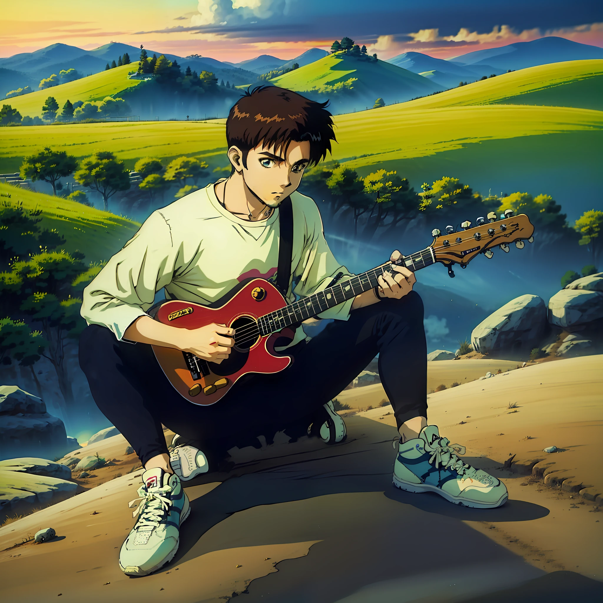 Make a drawing in the style of Safebooru anime, 90s anime, 90s anime. A young, skinny man is sitting on a mountain, immersed in the music playing on his guitar. He has dark hair cut in a style called 'ladinho', with a chevron mustache that adds a touch of charm to the face. The young man is wearing a long-sleeved raglan top, which perfectly matches his laid-back style. He completes the look with black pants and All Stars sneakers, bringing a casual touch to his look. This whole scene with setting sun and clouds, creating a magical and inspiring atmosphere."