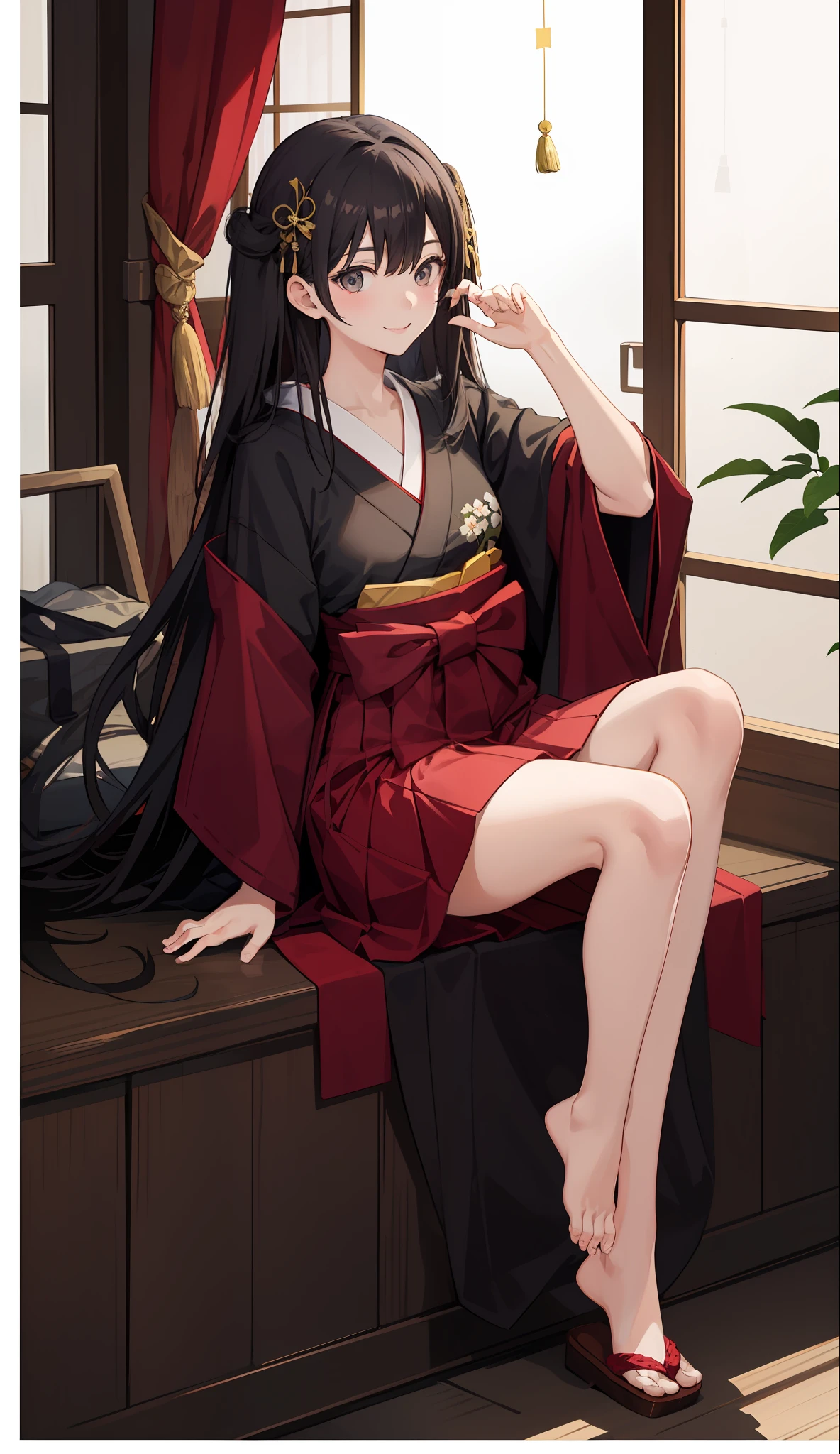 1 girl, smile, shirt, skirt, (small) chilarism, Japan high school student, priestess, vermilion hakama, New Year's bite, (portrait from knee up),