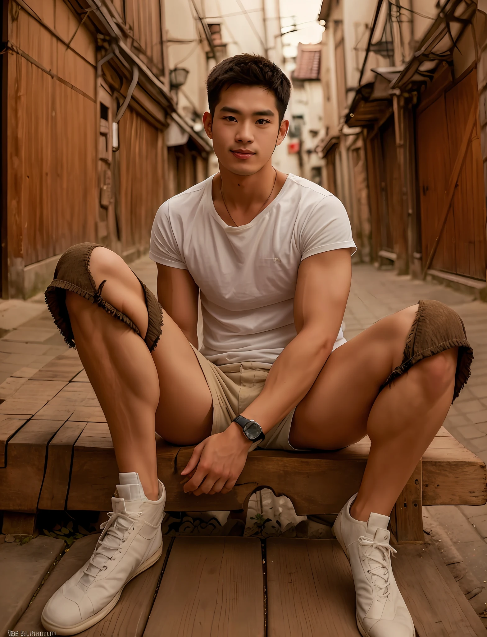 arafed man sitting on a wooden bench in a narrow alleyway, asian male, mid-shot of a hunky, handsome male, handsome chad chin, south korean male, asian human, inspired by Bian Jingzhao, beefcake pose, asian features, male model, muscular legs, korean muscle boy 2 1 , cute young man, handsome man
