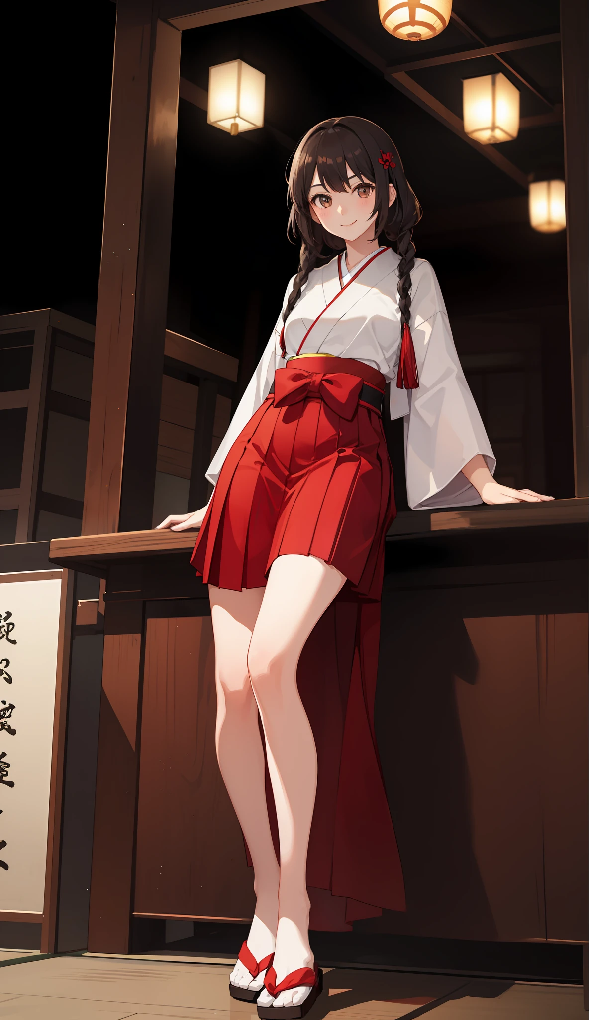 1 girl, smile, shirt, skirt, (small) chilarism, Japan high school student, priestess, vermilion hakama, New Year's bite, (portrait from knee up),