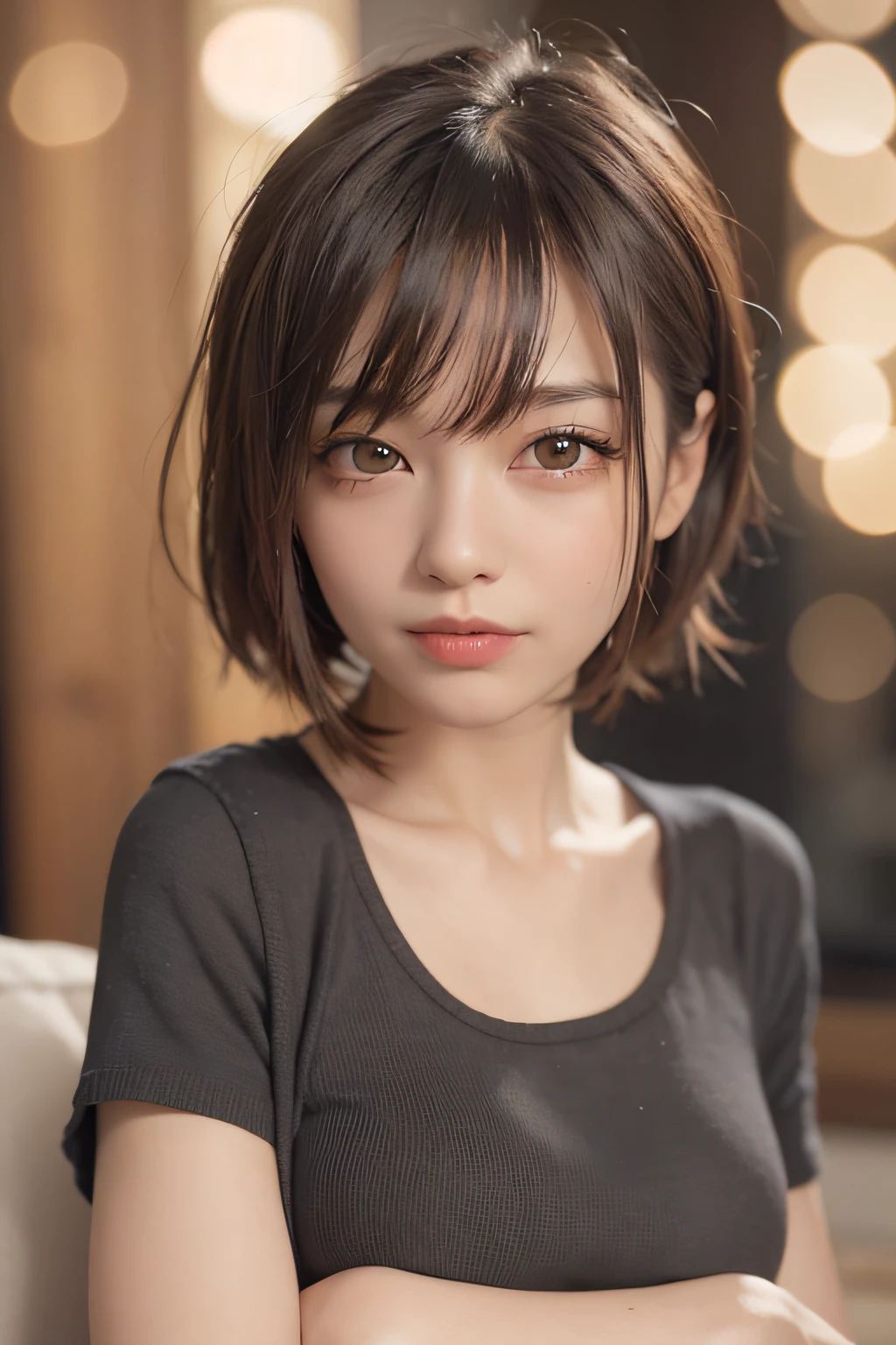 arafed woman with a black shirt and a black top, with short hair, soft portrait shot 8 k, kawaii realistic portrait, high quality portrait, portrait cute-fine-face, short brown hair and large eyes, cute natural anime face, realistic. cheng yi, 8k artgerm bokeh, sakimichan, sakimi chan