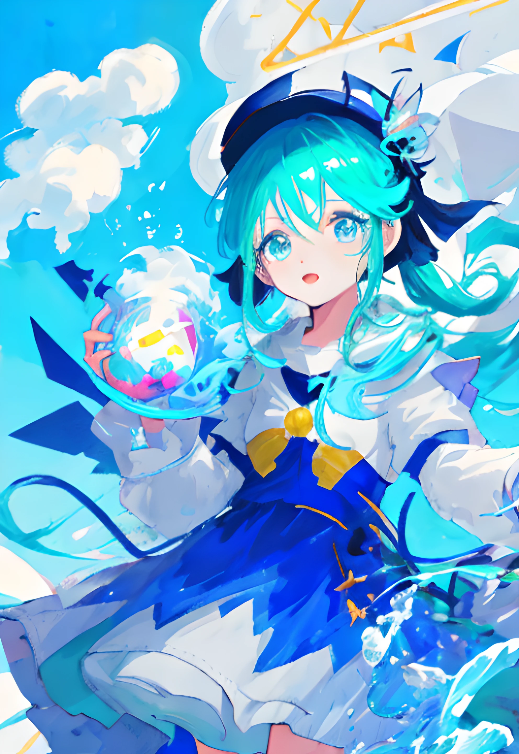 anime character with a top hat and a blue dress, splash art anime , an anime portrait of cirno, cirno, avatar image, genshin, ashe, water element, cerulean, genshin impact character, wallpaper anime blue water, ice mage, from arknights, hero 2 d fanart artsation, freezing blue skin, azure blue watery eyes