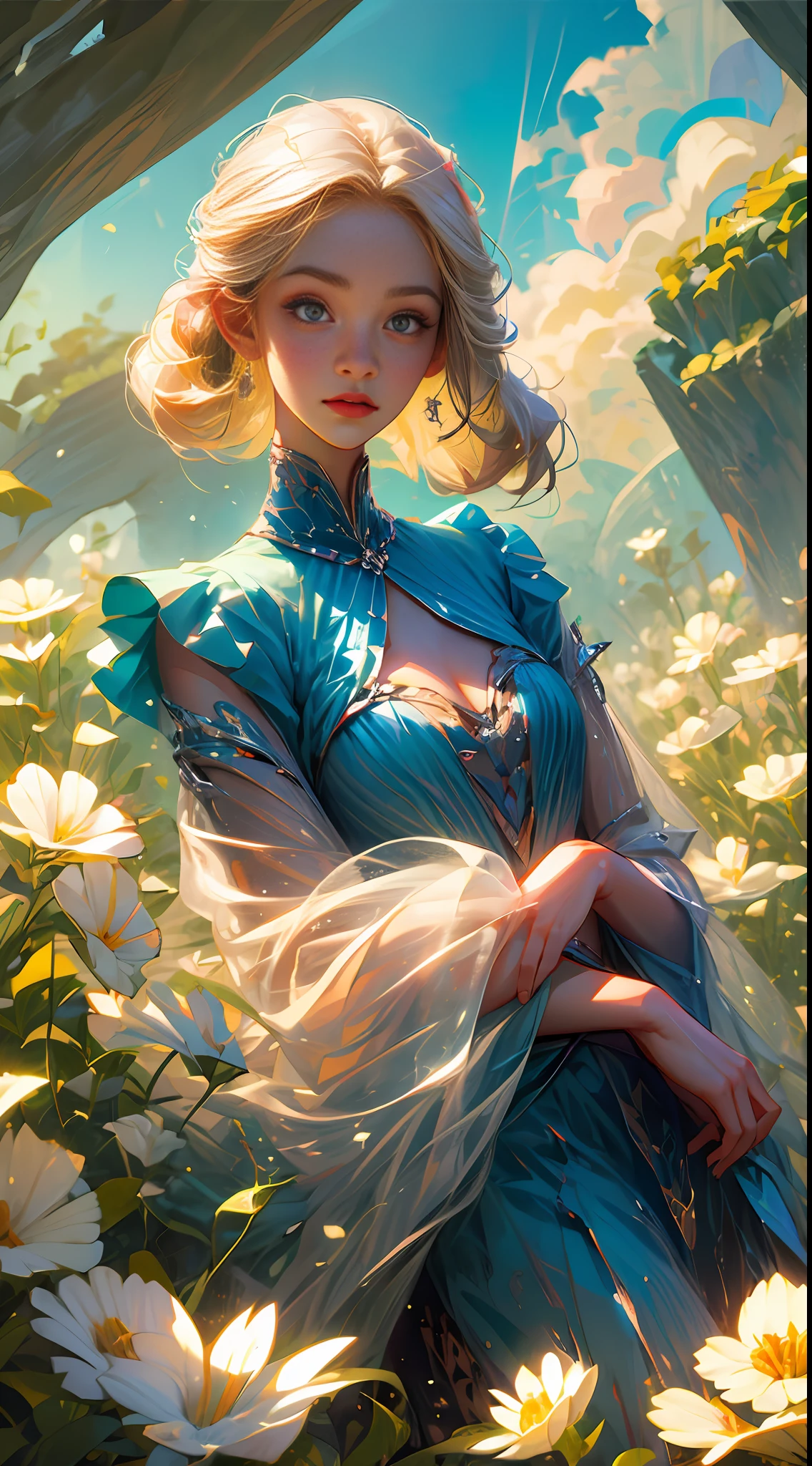 (best quality, masterpiece), 1girl, pose, particle, wind, flower, upper body, sky background, looking at the viewer, focus on the face, blonde, superior beauty, beautiful woman, celestial beauty, sunny weather, colorful flowers, spectacular scenery. --auto