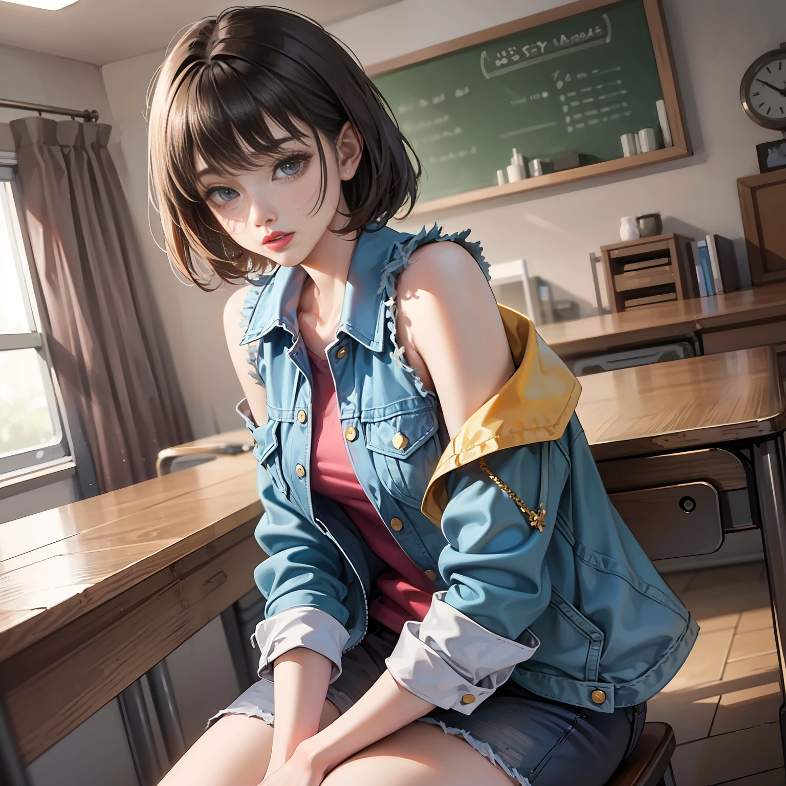 Young woman, handsome, cool, short hair, denim jacket, casual wear, school uniform, exposed shoulders, indoors
