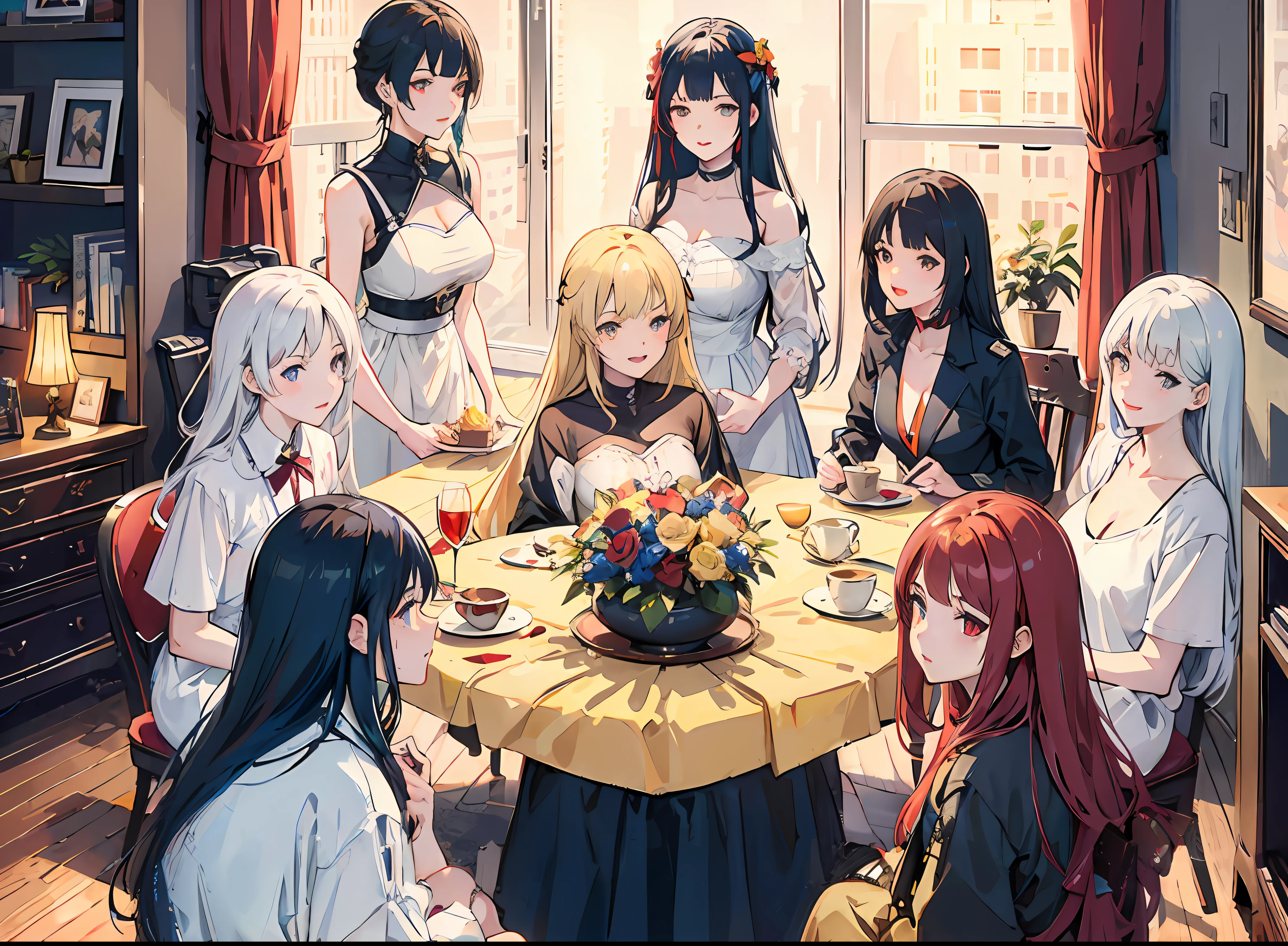 anime characters sitting around a table with a cake and flowers, girls frontline style, characters from azur lane, from girls frontline, anime style like fate/stay night, girls frontline universe, girls frontline cg, kantai collection style, azur lane style, anime girls, fine details. girls frontline, girls frontline, from the azur lane videogame